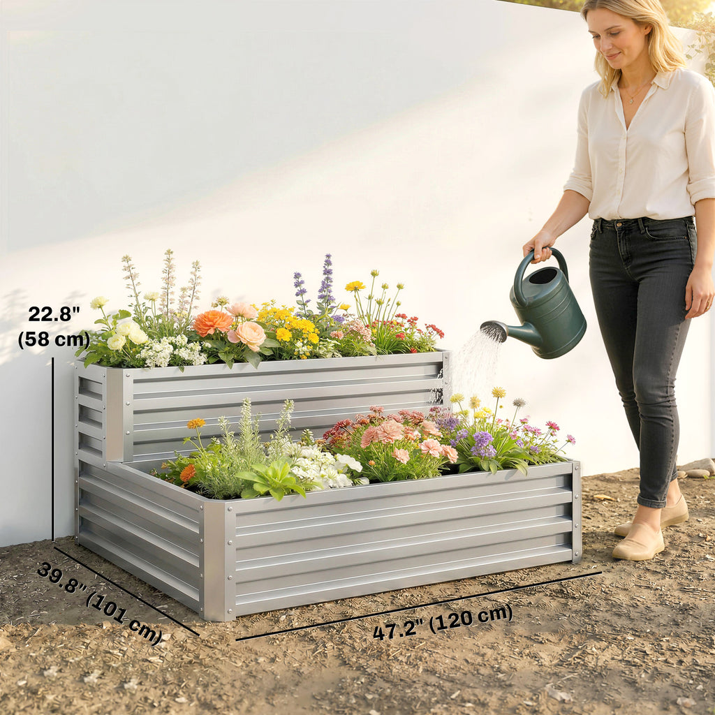 2 Tier Galvanized Raised Garden Bed, Steel Planter Box for Vegetables, Flowers, Herbs, 47" x 40" x 23", Silver