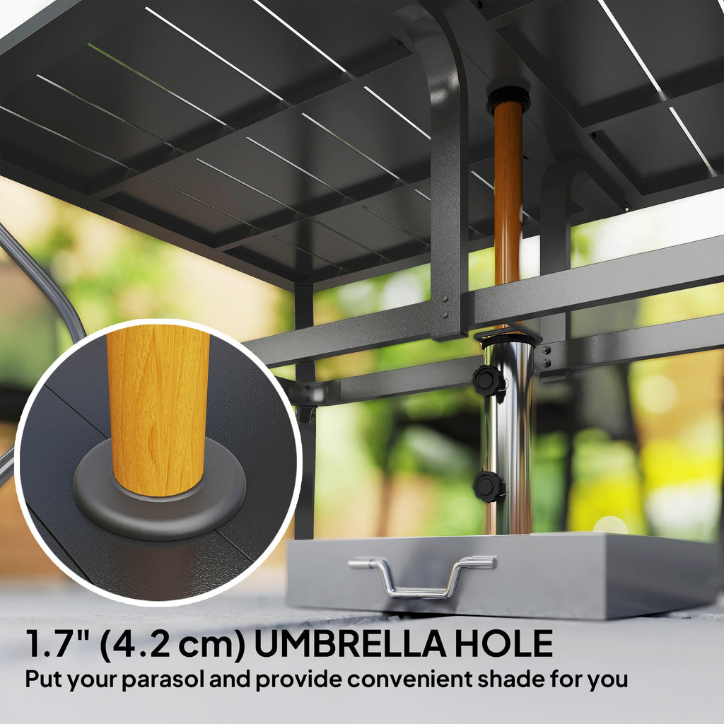 Rectangle Patio Dining Table with Umbrella Hole, Outdoor Dining Table for 6 with Steel Frame for Garden, Balcony, Black