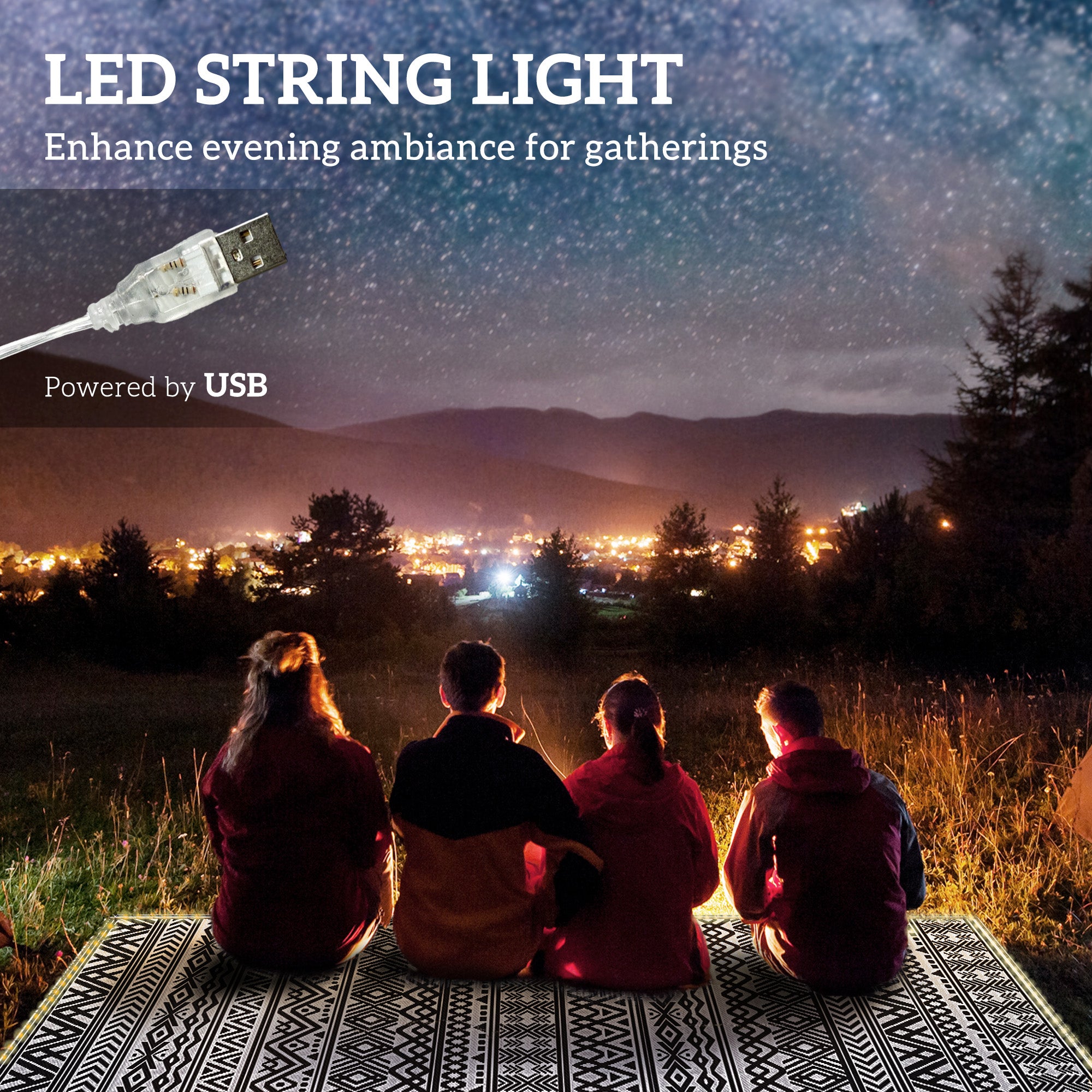 Outdoor Rug Carpet with USB Lights Reversible Patio Rug with Carry Bag for Camping 12' x 9'