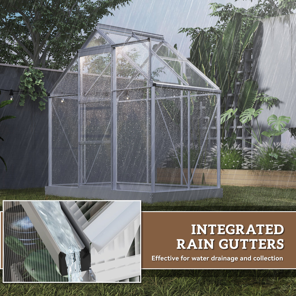 6' x 4' Walk-In Greenhouse, Polycarbonate Greenhouse with Sliding Door, Window, Aluminium Frame, Foundation, Silver