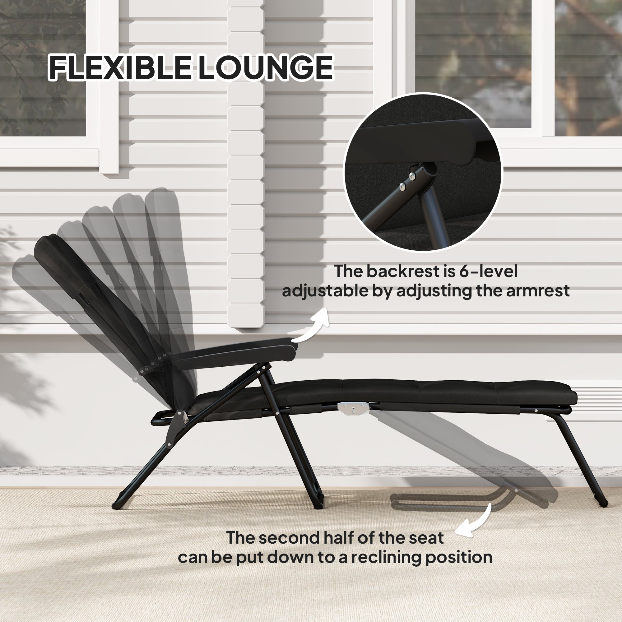 Foldable Lounge Chair, Reclining Patio Sun Lounger with 6-Position Adjustable Back, Black