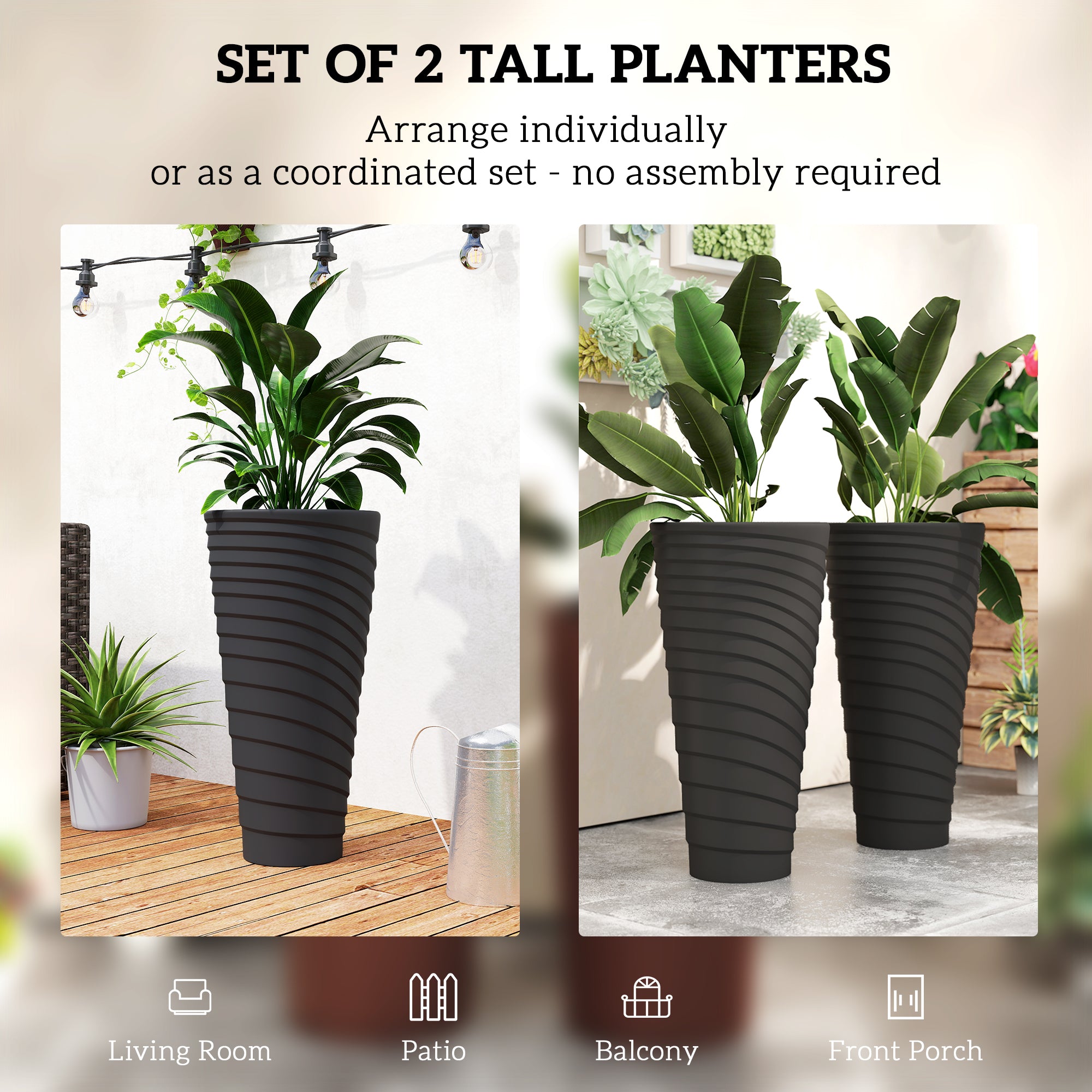 29" Tall Planters Set of 2, Indoor Outdoor Stackable Taper Planters with Drainage Holes, Black