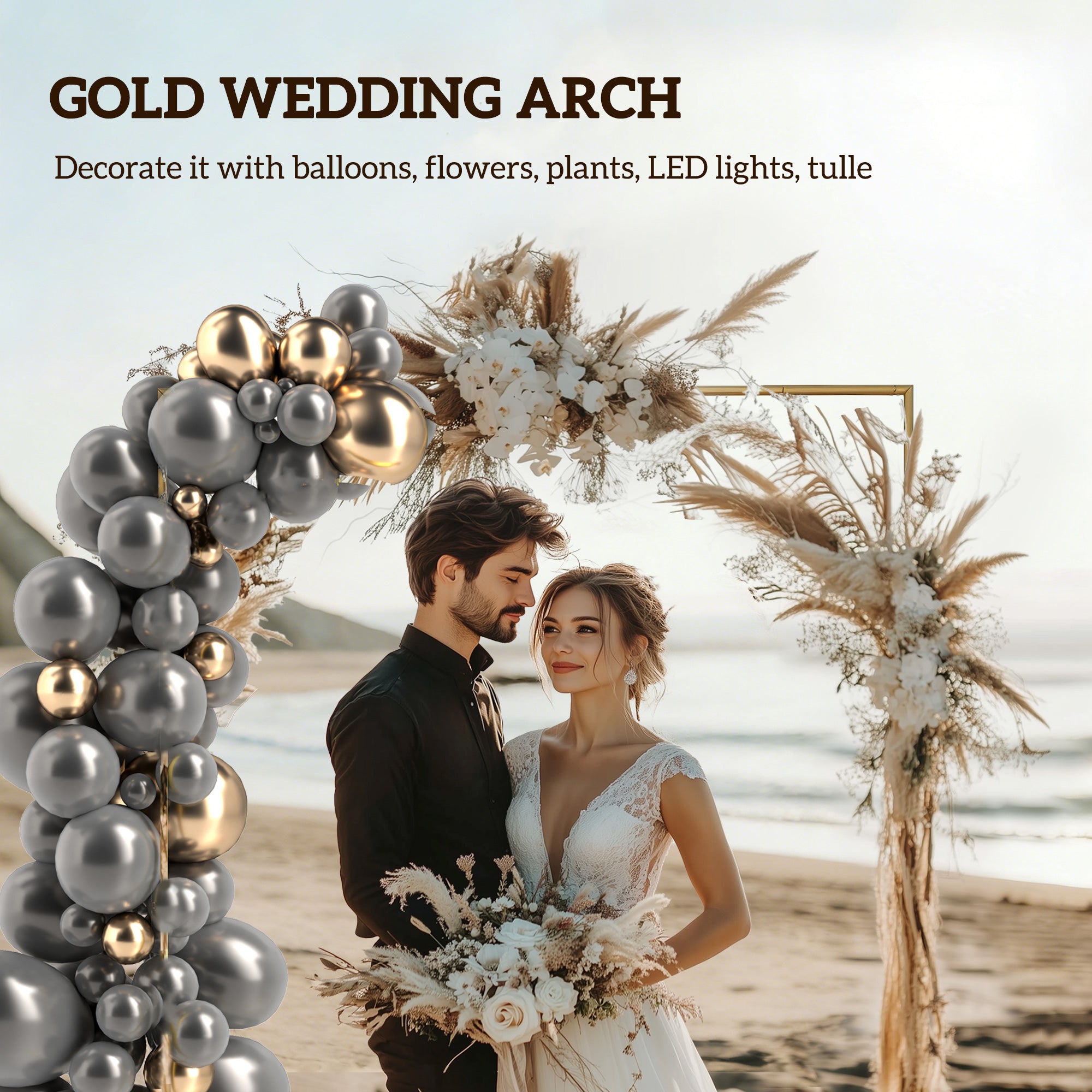 Wedding Arch Backdrop Stand, Square Wedding Arch with U-shaped Stakes, 6.6 FT Gold Metal Arch Frame