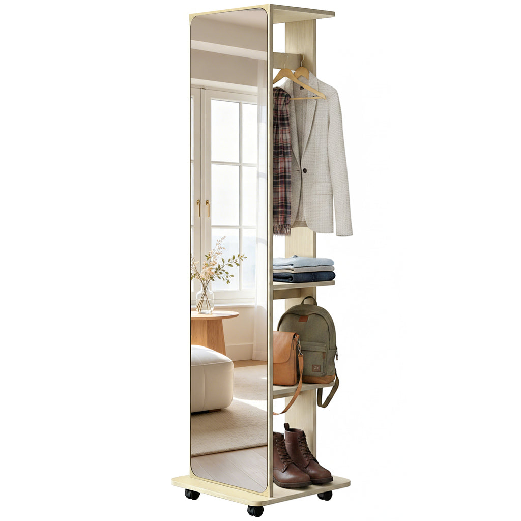15" x 62" Full Length Mirror, Tempered Glass Floor Mirror on Wheels with Storage Shelves, Coat Hangers, Natural Wood