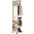 15" x 62" Full Length Mirror, Tempered Glass Floor Mirror on Wheels with Storage Shelves, Coat Hangers, Natural Wood