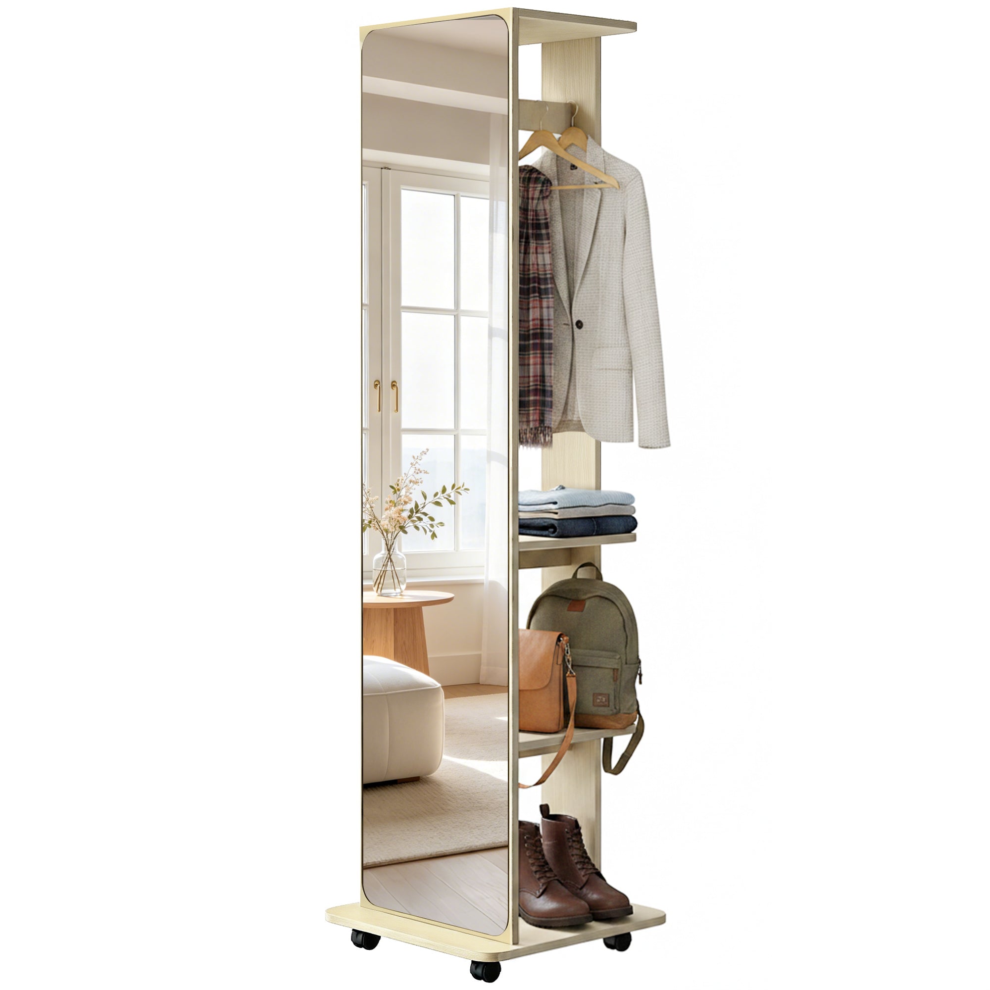 15" x 62" Full Length Mirror, Tempered Glass Floor Mirror on Wheels with Storage Shelves, Coat Hangers, Natural Wood