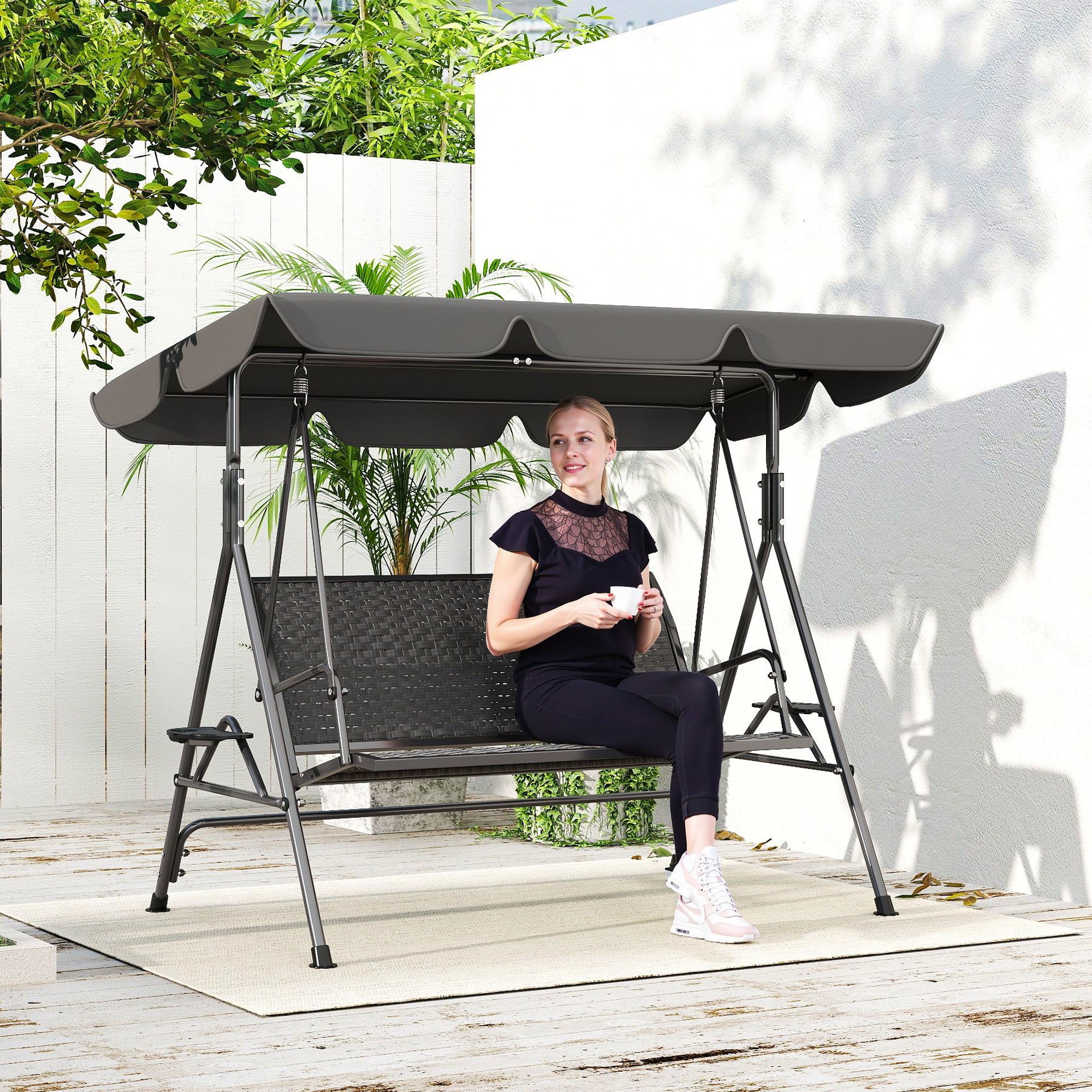 3-Seat Patio Swing Chair, Outdoor Canopy Swing Glider with Adjustable Shade, Grey
