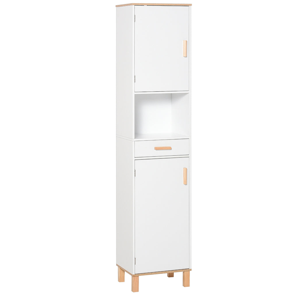 Bathroom Storage Cabinet with Cupboards and Drawer, Floor Free Standing Linen Tower, Tall Slim Side Organizer Shelves, White