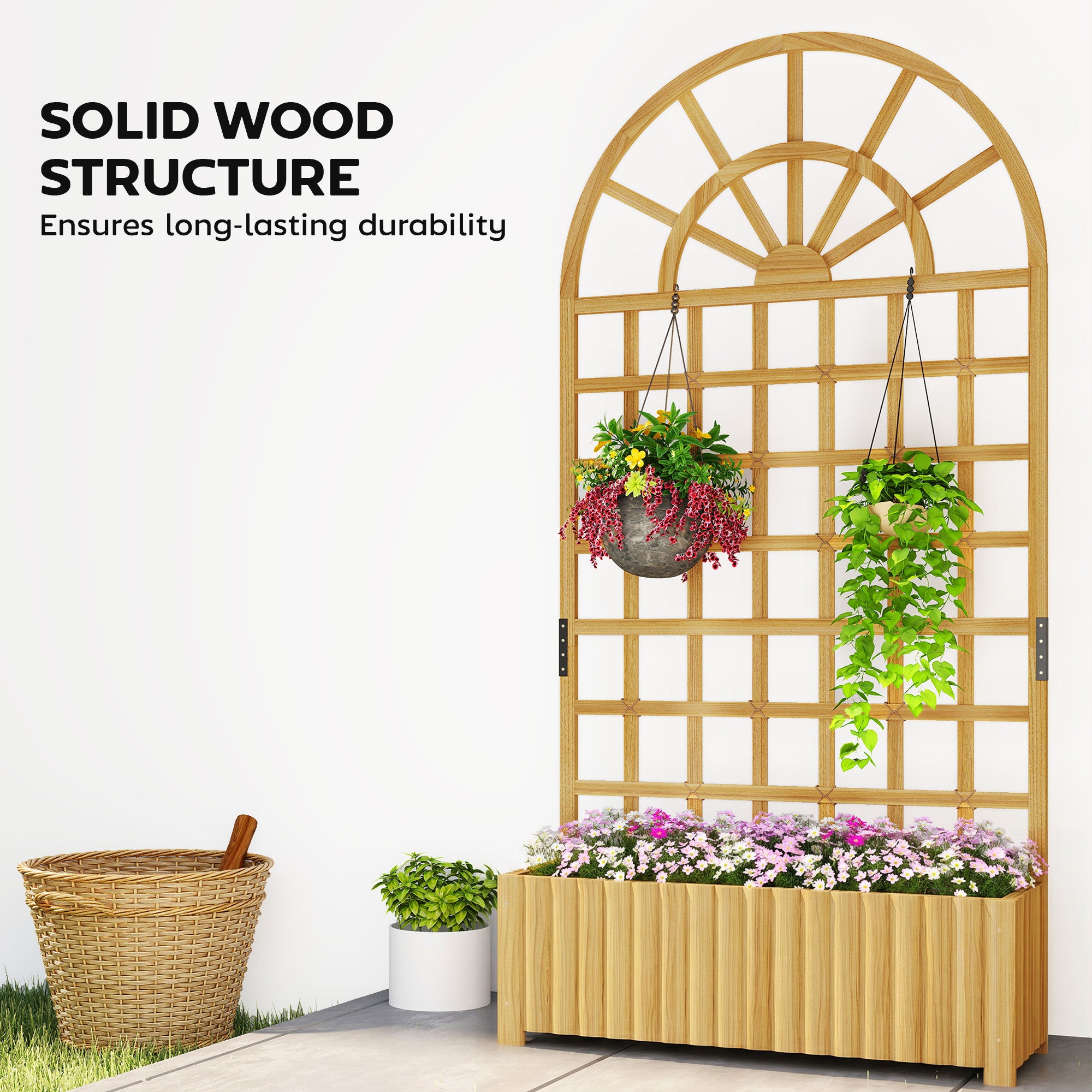 Wooden Raised Garden Bed with Lattice Trellis, Outdoor Elevated Planter Box with Drainage Holes for Climbing Plants
