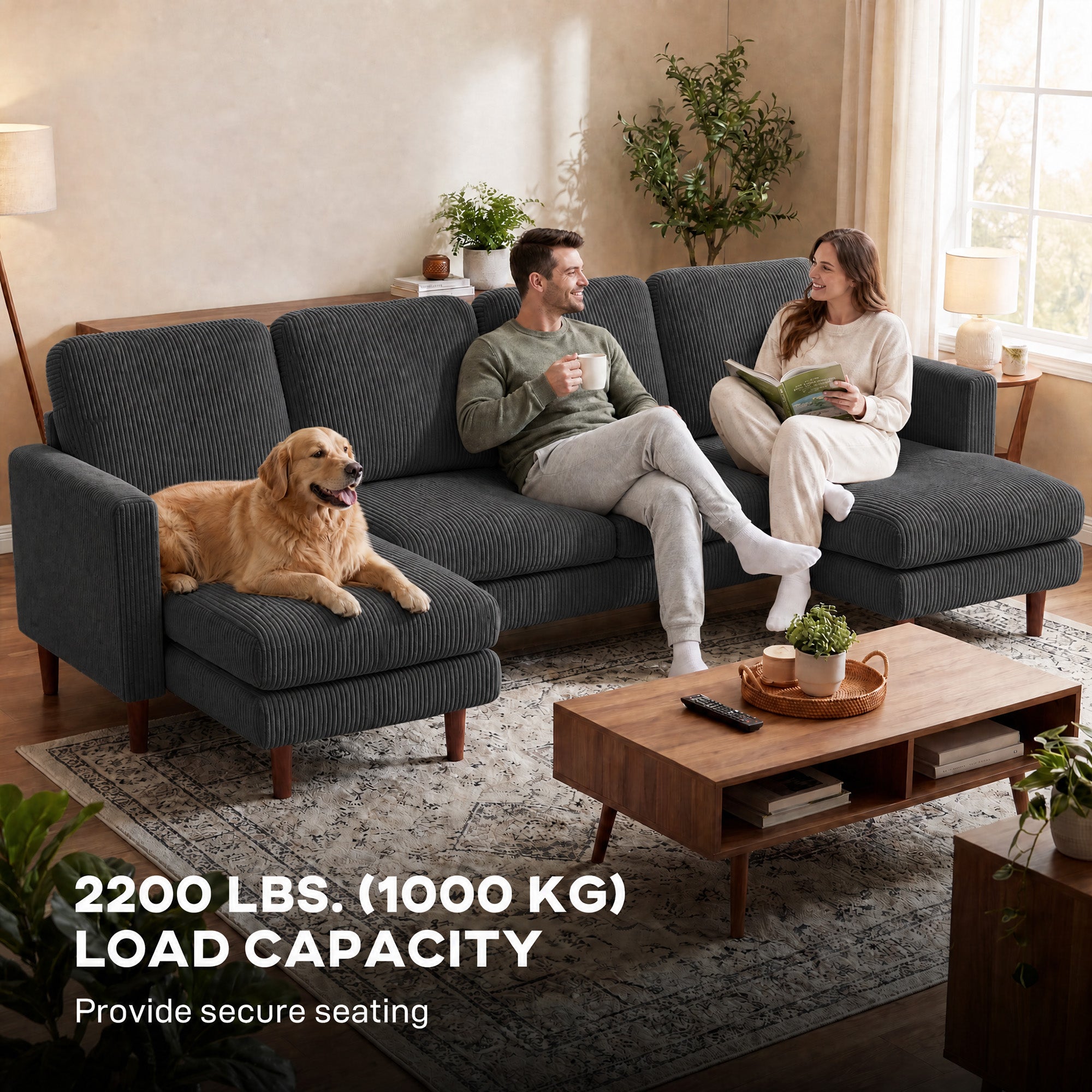 Sectional Sofa, Corduroy U Shaped Couch with Double Chaise and Spring Cushions, 2200lb Capacity, Dark Grey