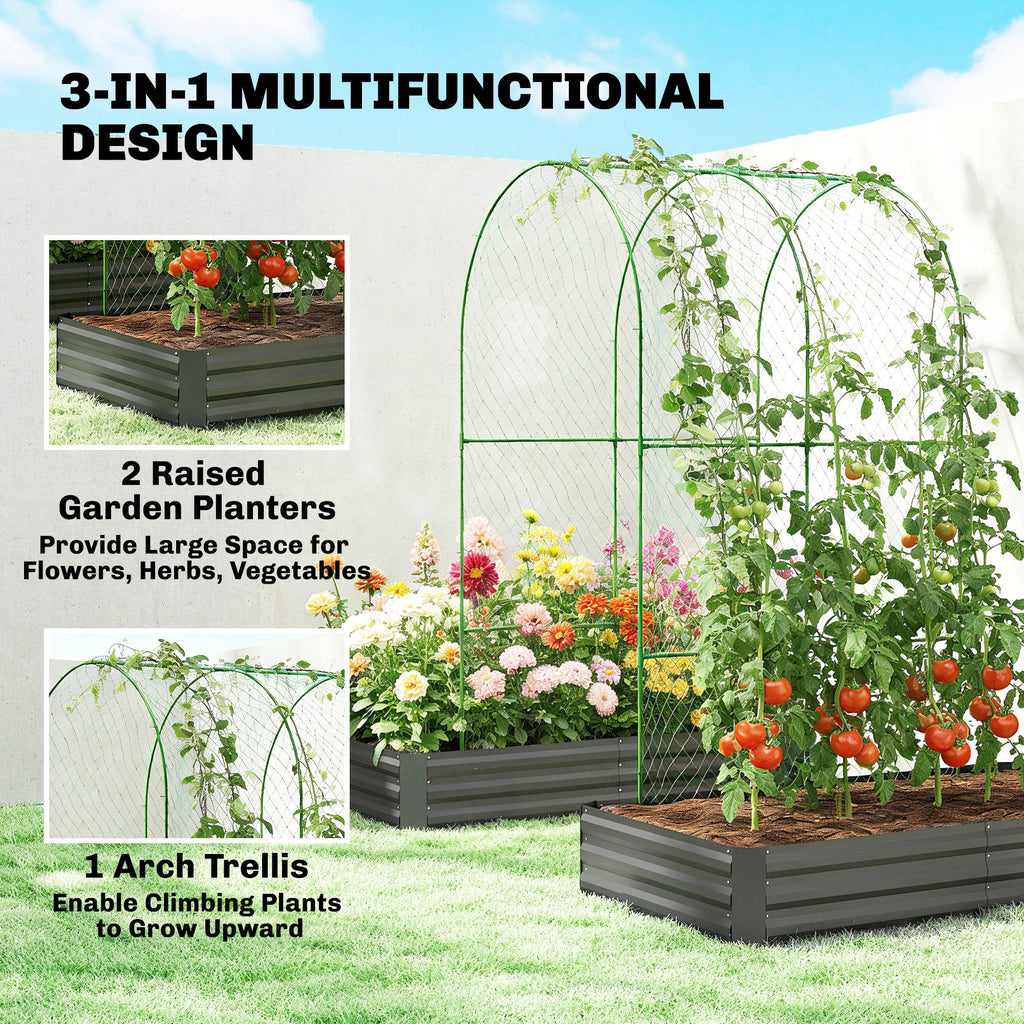Metal Raised Garden Bed with Trellis, Galvanized Garden Bed Kit Outdoor Garden Box with Trellis, Dark Grey