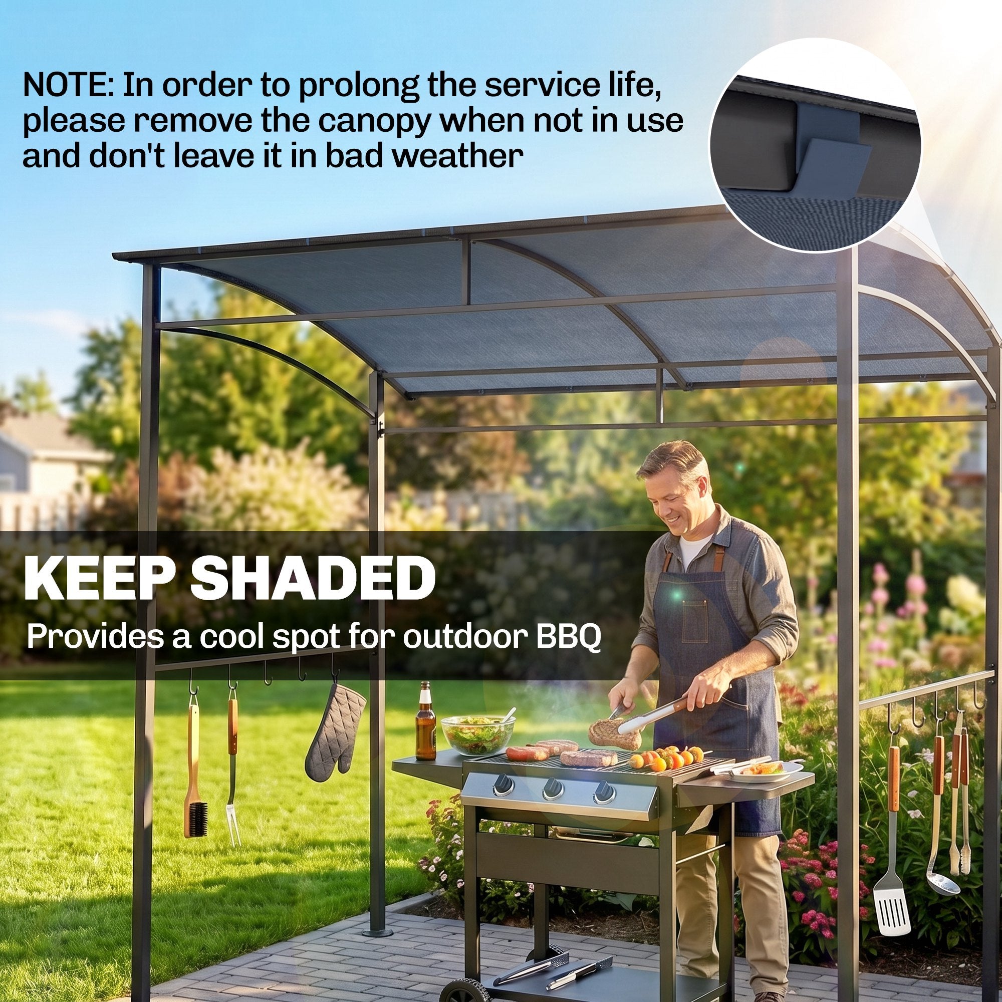 7' x 5' BBQ Grill Gazebo Tent, Garden Grill Canopy with Steel Frame and Hooks, Outdoor Sun Shade, Grey
