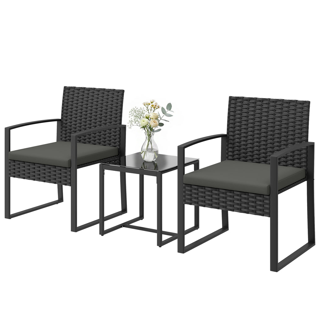 Outdoor Bistro Set, 3 Piece Wicker Patio Furniture Set with Glass Top Table and Cushions for Porch, Balcony, Dark Grey