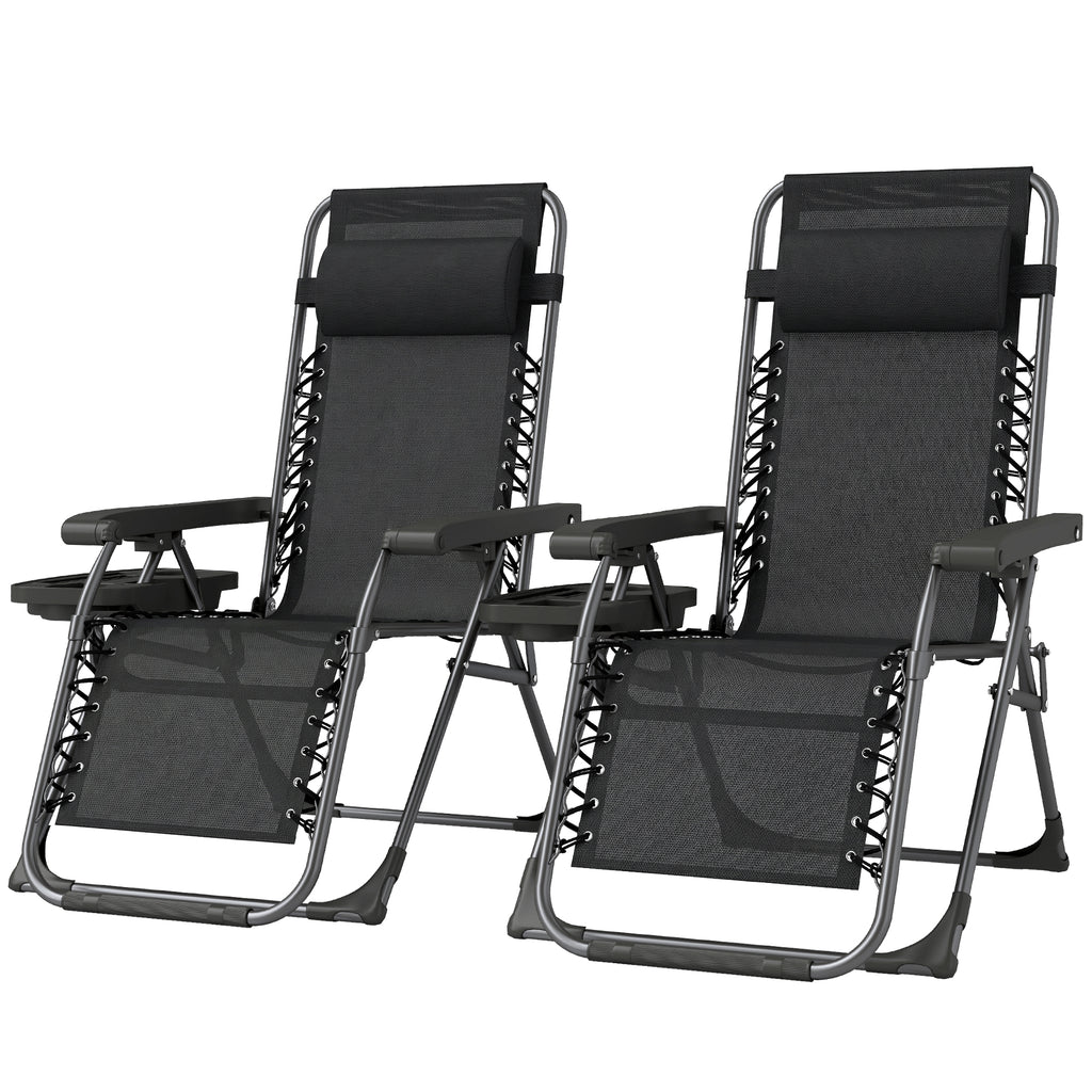 Zero Gravity Chair Set of 2, Folding Reclining Outdoor Lounge Chair with Cup Holder, Headrest, Black