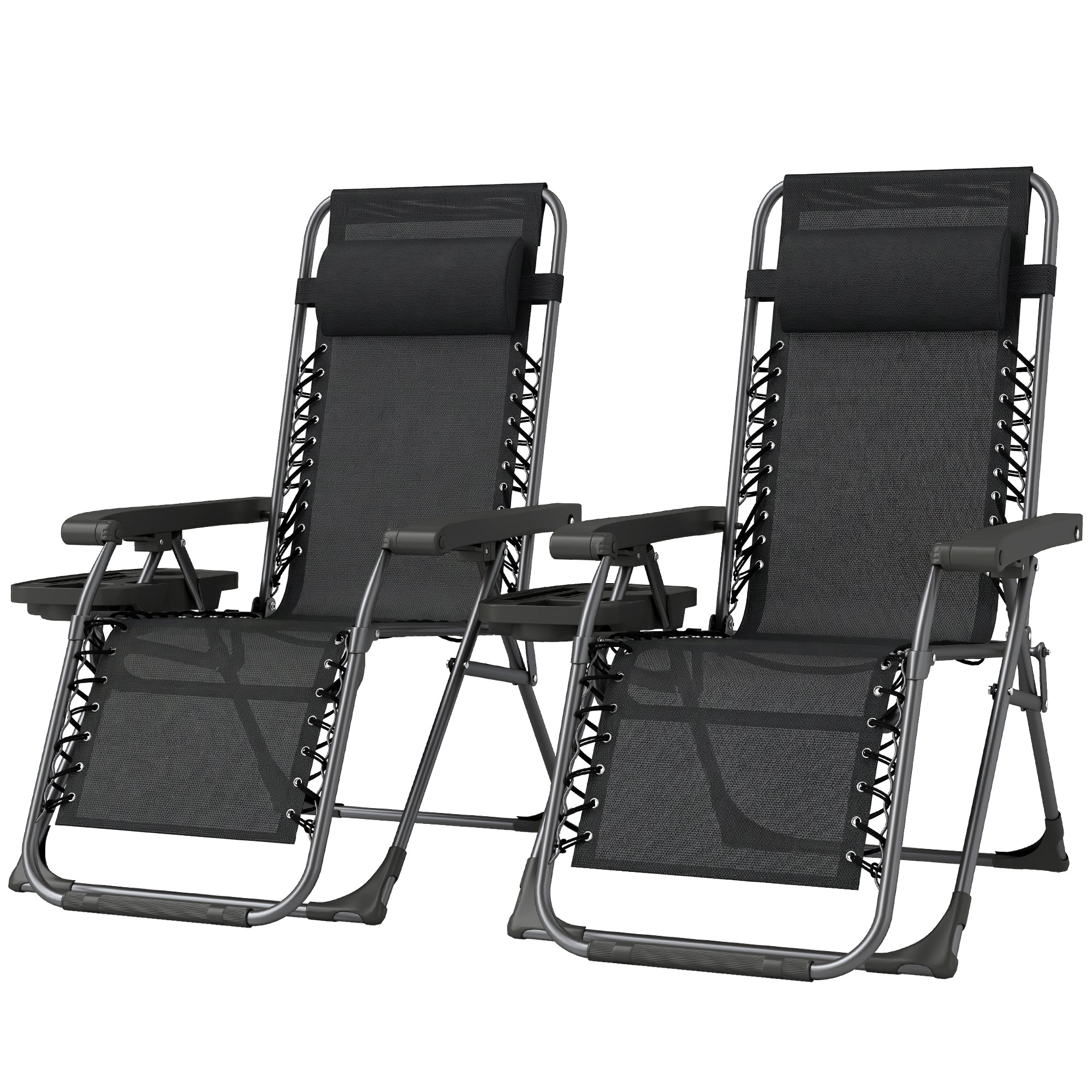 Zero Gravity Chair Set of 2, Folding Reclining Outdoor Lounge Chair with Cup Holder, Headrest, Black
