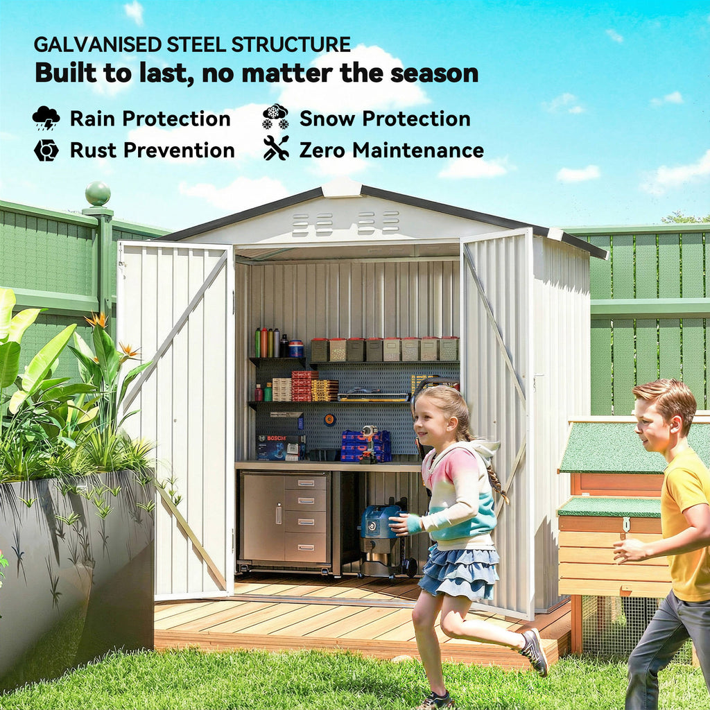 6.5' x 4'  Outdoor Storage Shed, Metal Garden Shed with Lockable Double Doors, 4 Vents, Silver-White