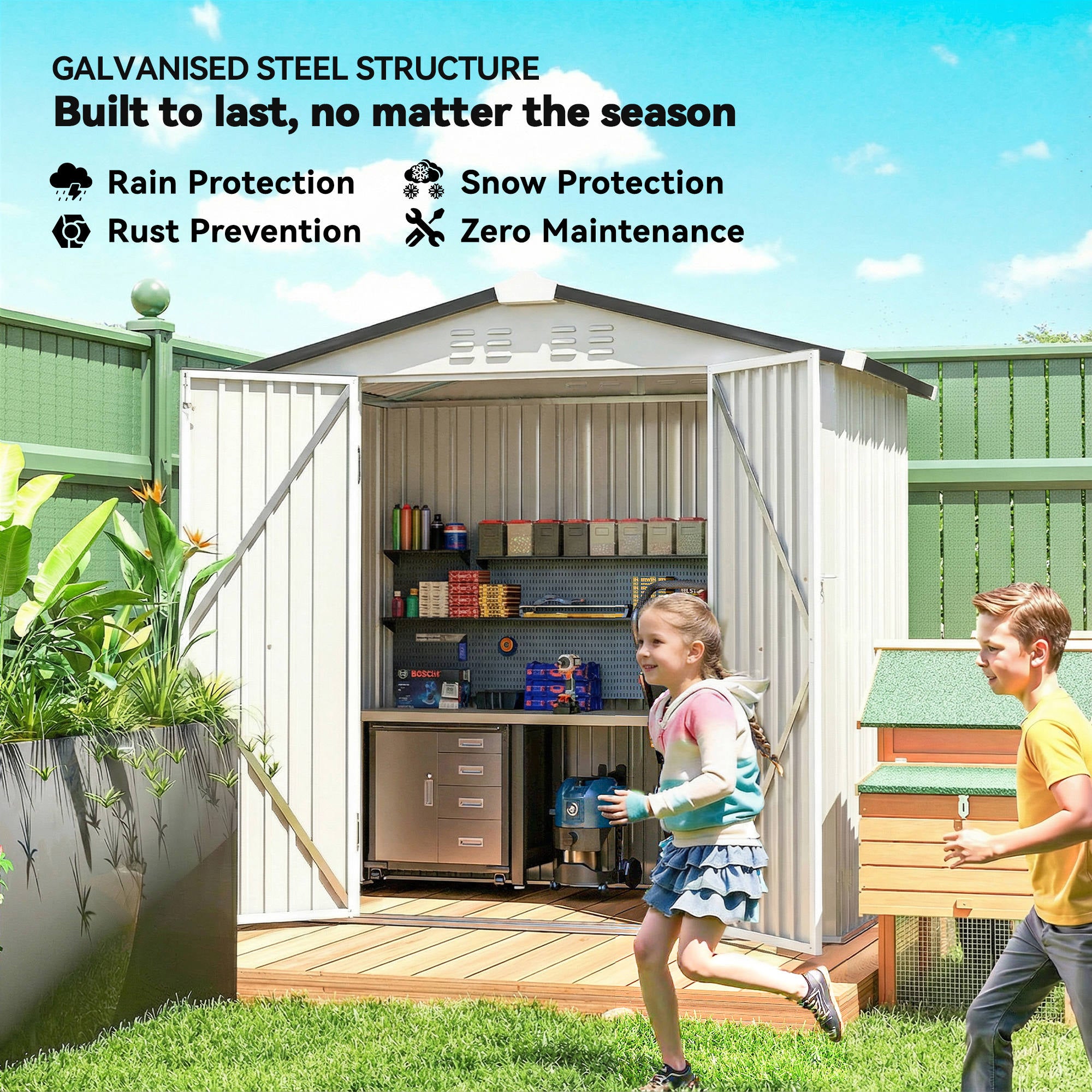 6.5' x 4'  Outdoor Storage Shed, Metal Garden Shed with Lockable Double Doors, 4 Vents, Silver-White