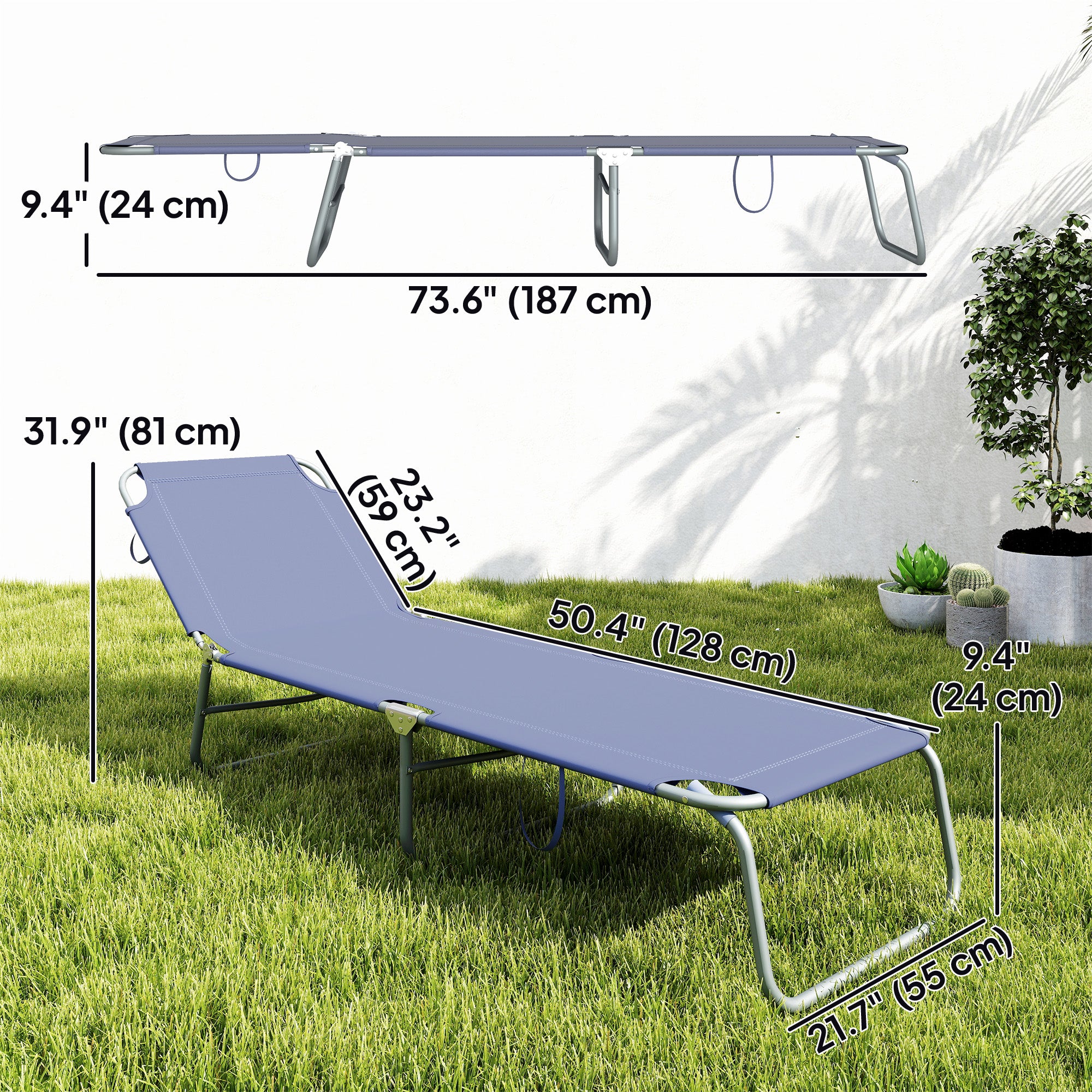 Folding Outdoor Lounge Chair Reclining Tanning Chair with Breathable Mesh Fabric for Patio Garden Pool, Navy Blue