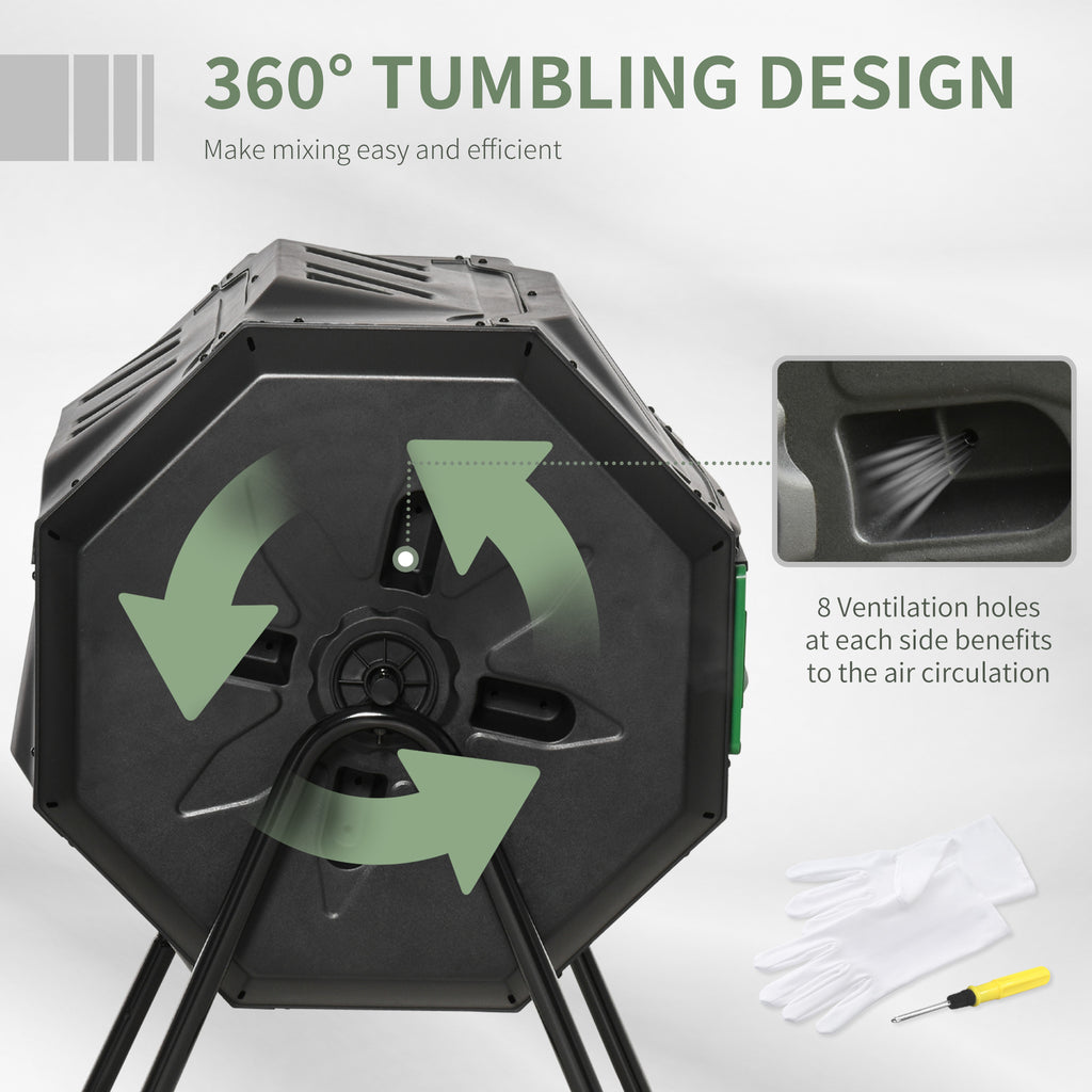 Tumbling Compost Bin Outdoor Dual Chamber 360Â° Rotating Composter 43 Gallon w/ Sliding Doors & Solid Steel Frame, Green
