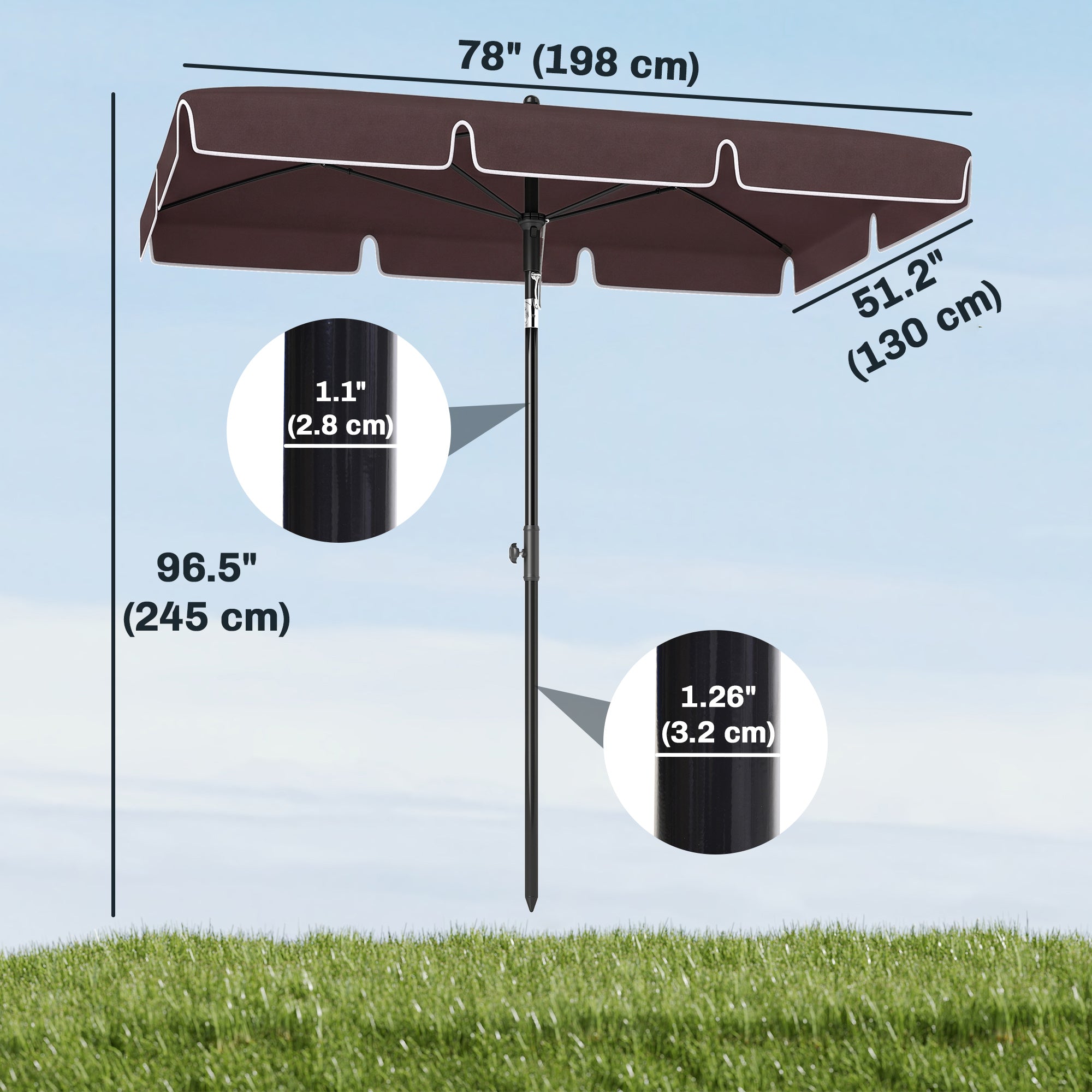 6.5x4ft Rectangle Patio Umbrella Aluminum Tilt Adjustable Garden Parasol Sun Shade Outdoor Canopy Coffee