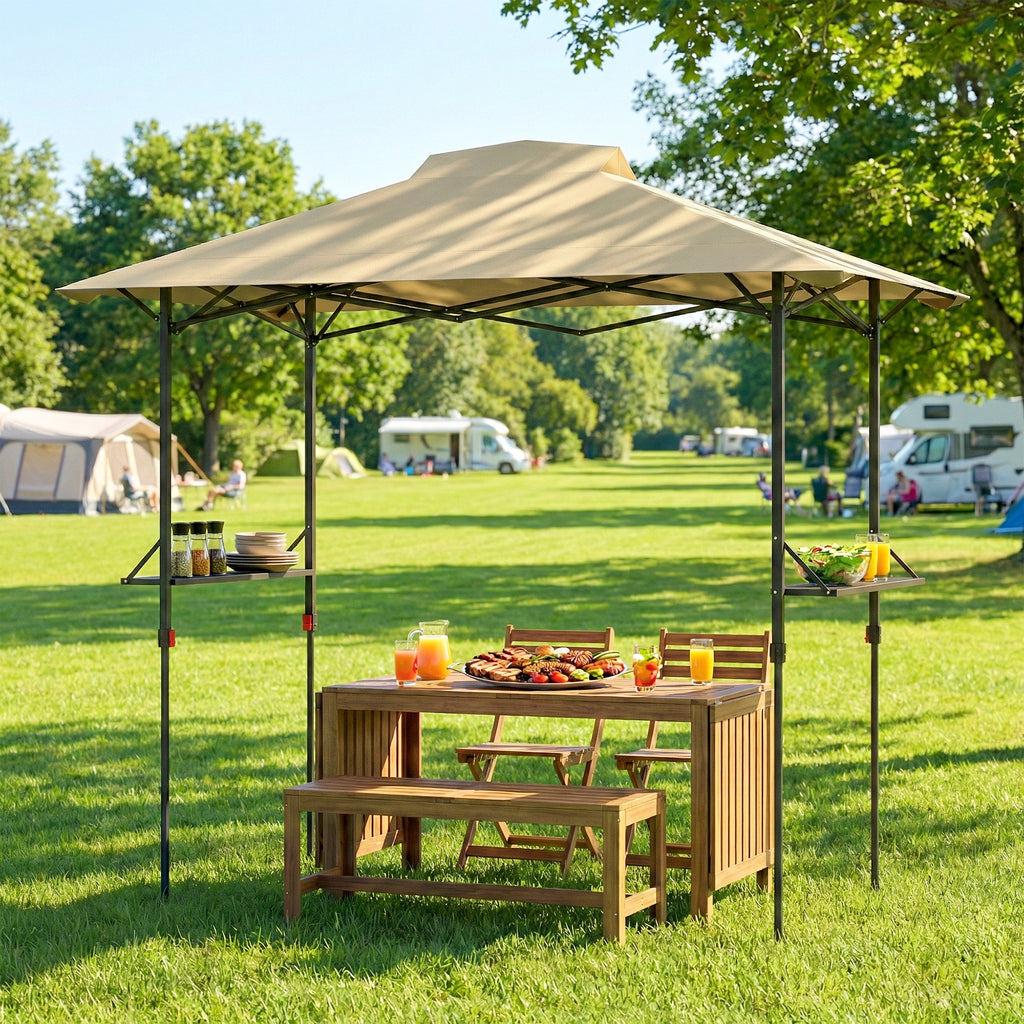 5 x 8.5 ft Pop Up Grill Gazebo with 2 Shelves, UPF 50+ Outdoor Instant Canopy Portable Shelter with Carry Bag, Khaki