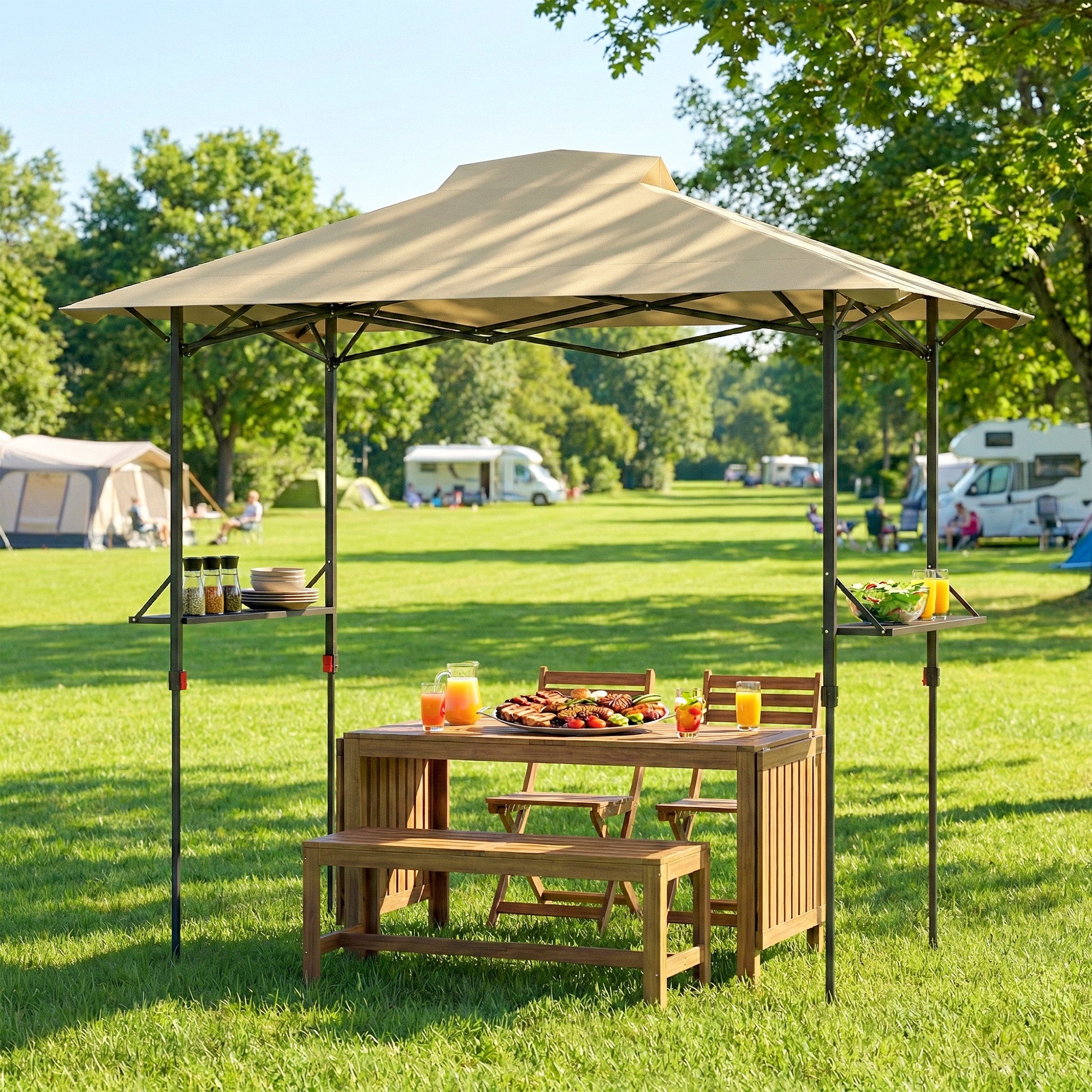 5 x 8.5 ft Pop Up Grill Gazebo with 2 Shelves, UPF 50+ Outdoor Instant Canopy Portable Shelter with Carry Bag, Khaki