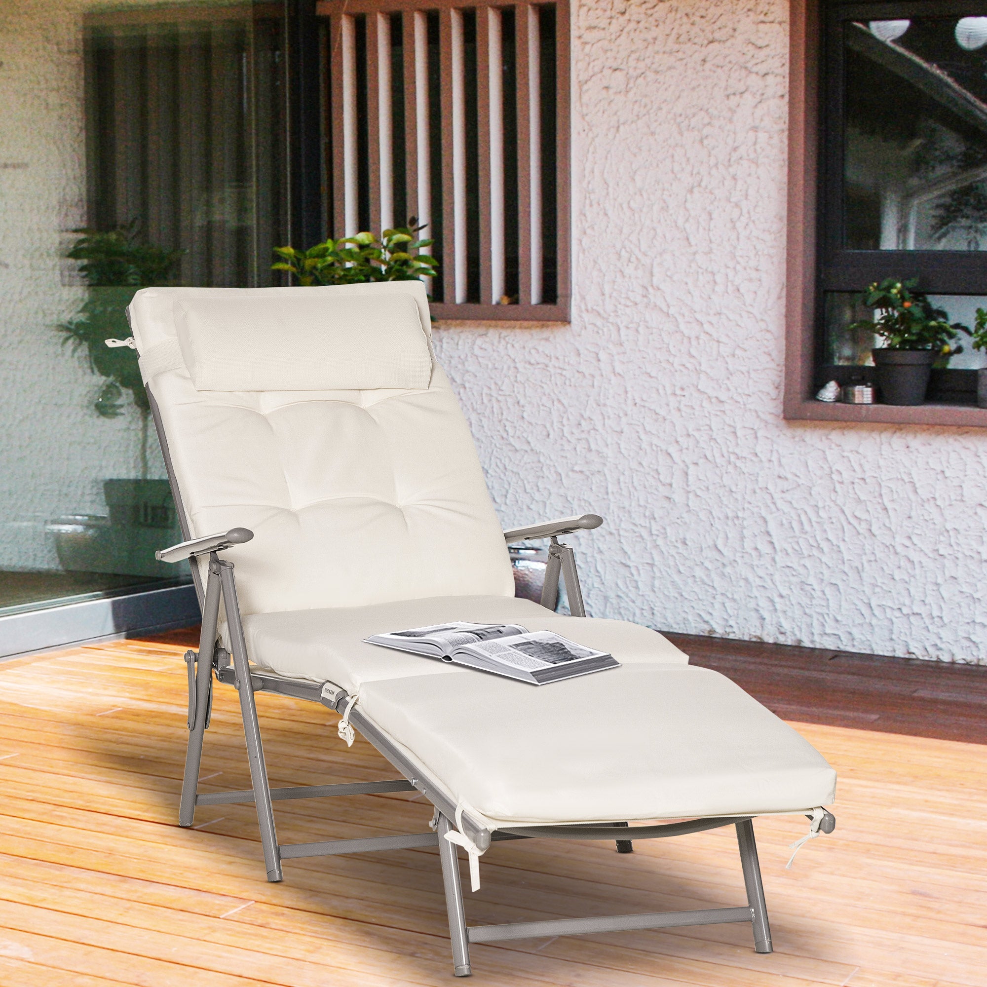 Lounge Chair Outdoor, Folding Patio Chaise Lounger, 360 lbs 7-Position Adjustable Back Outdoor Recliner with Cushion, Headrest for Garden, Backyard, Poolside, Cream White