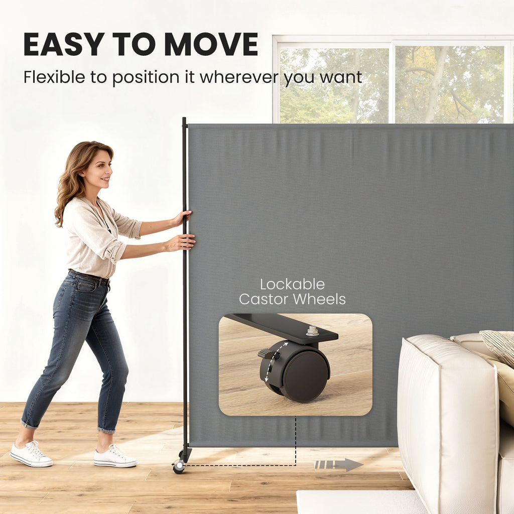 Indoor Room Divider with Castor Wheels, Rolling Privacy Screen for Home Office Bedroom, 6ft Tall