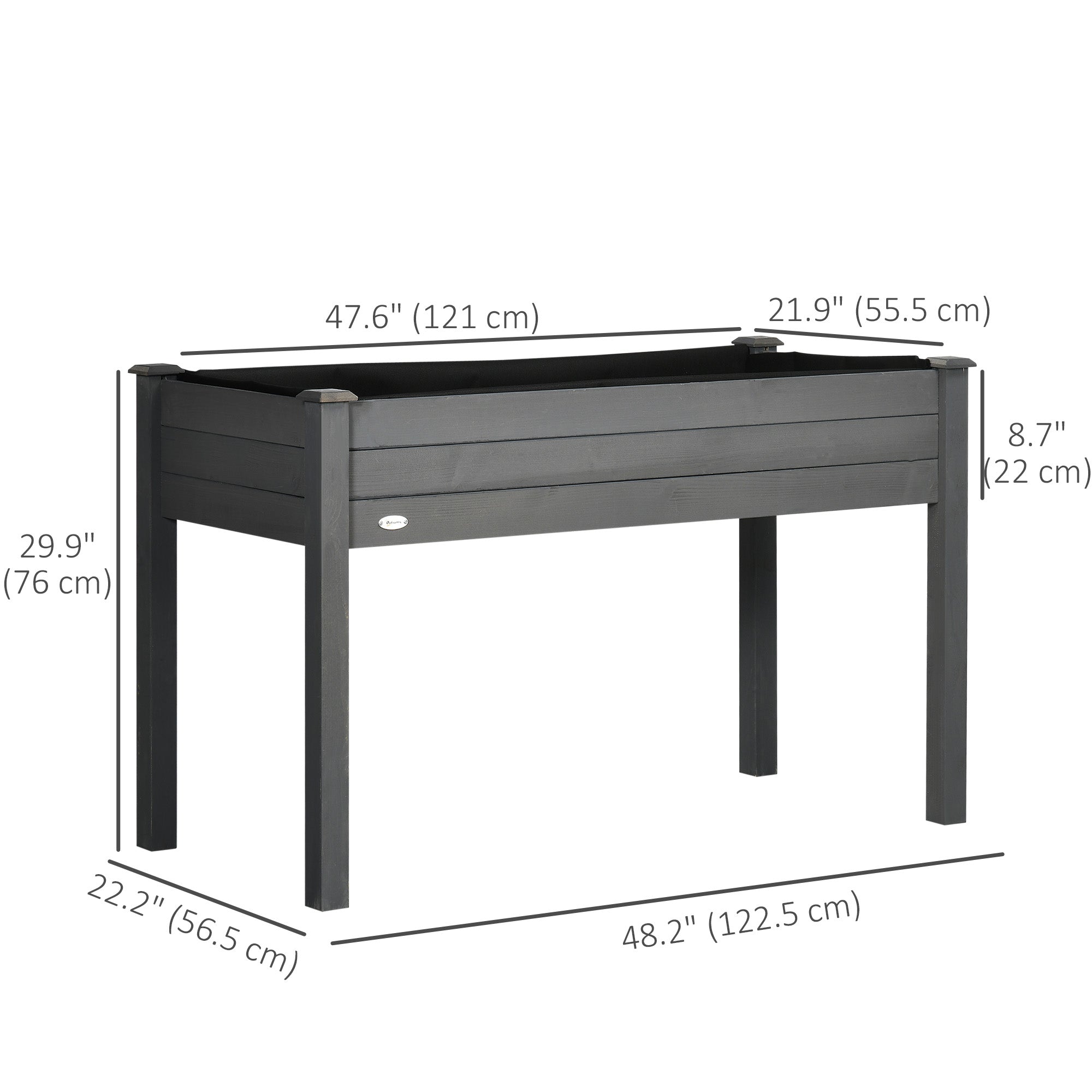 48" x 22" x 30" Wooden Patio Raised Garden Bed Planter, Elevated Planter Box with Legs, Outdoor Flower Stand with Inner Bag, Dark Grey