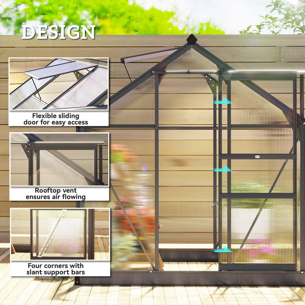 Patio Greenhouse with Rain Gutters, Rooftop Vent, Outdoor Greenhouse Kit, 6.2' x 6.3' x 6.6', Grey