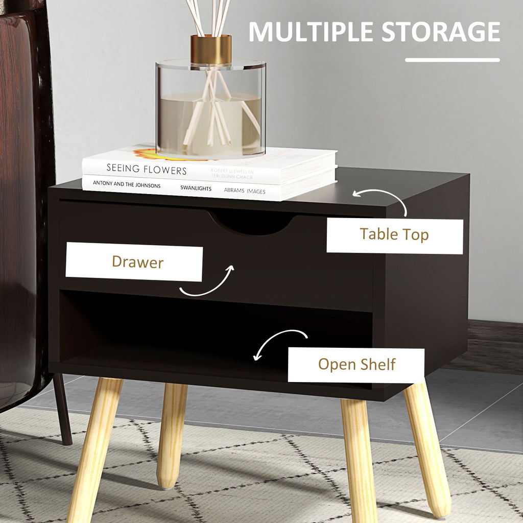 Set of 2 Nightstands with Storage Drawer and Shelf, Modern Bedside Table for Bedroom, Black