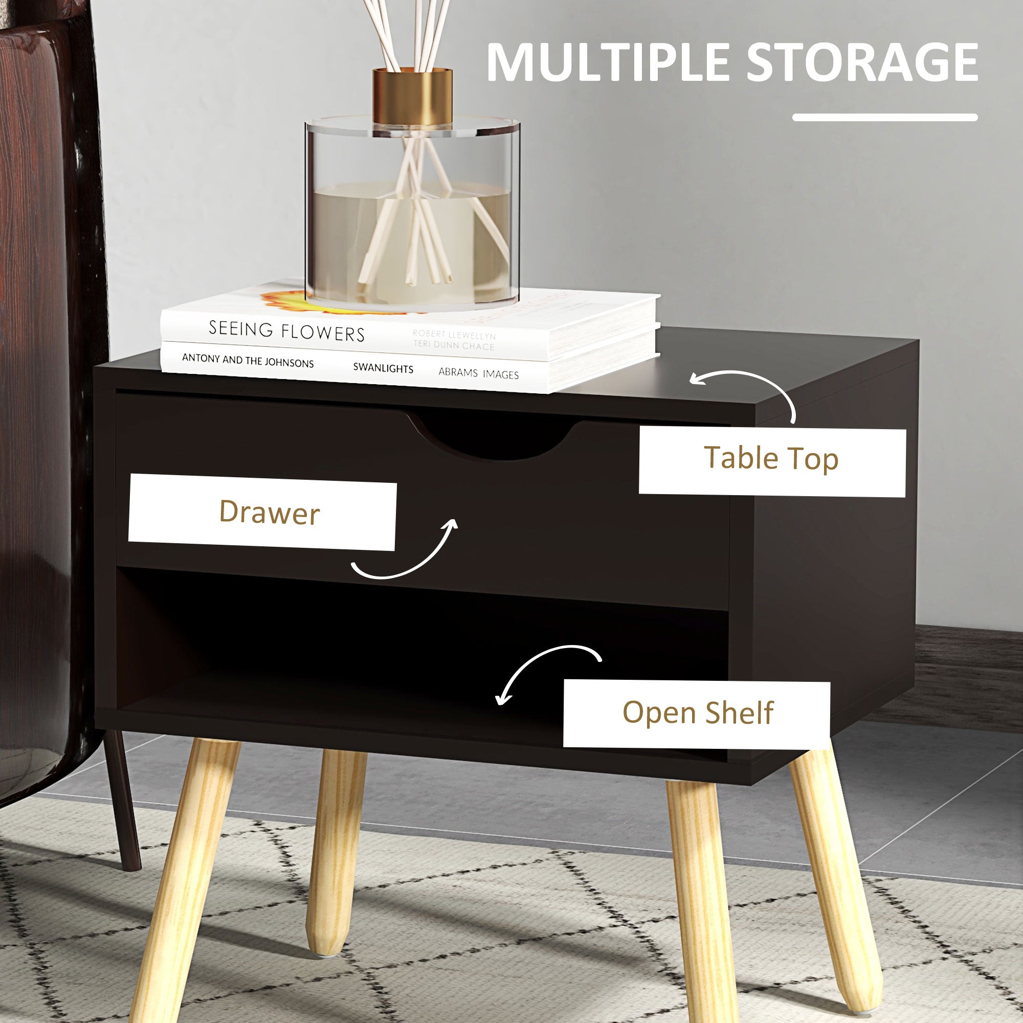 Set of 2 Nightstands with Storage Drawer and Shelf, Modern Bedside Table for Bedroom, Black