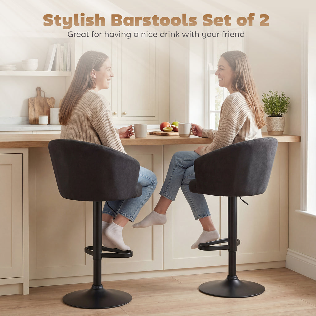 Adjustable Bar Stools Set of 2, Upholstered Kitchen Stools with Swivel Seat, Steel Frame, Footrest, â€ŽBlack