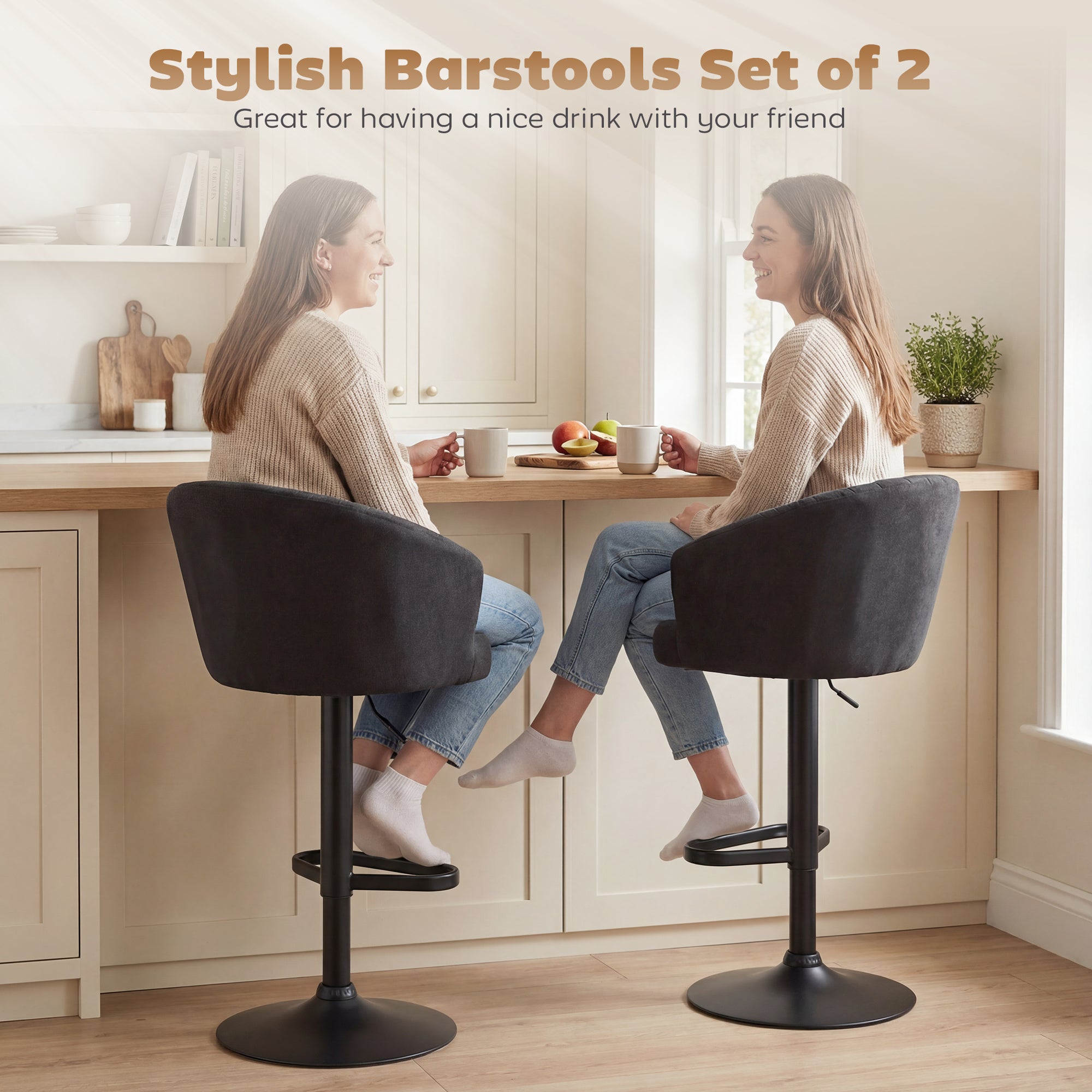 Adjustable Bar Stools Set of 2, Upholstered Kitchen Stools with Swivel Seat, Steel Frame, Footrest, â€ŽBlack