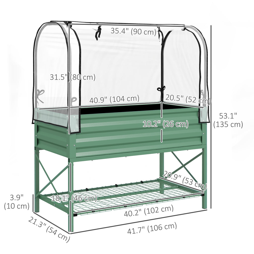 Raised Garden Bed with Cover, Metal Elevated Planter Box with Bottom Shelf and Liner, Green