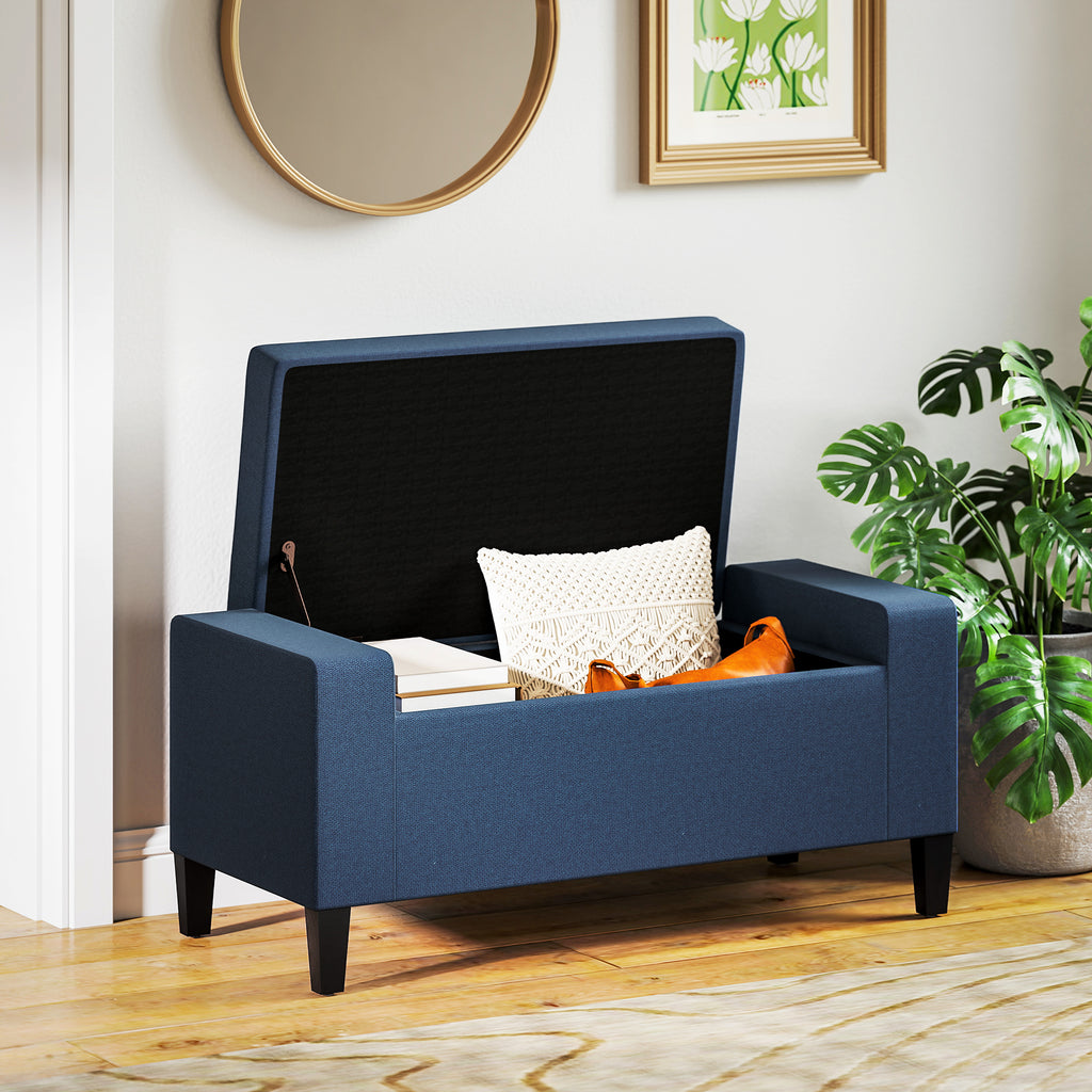 Storage Ottoman Bench, Linen Upholstered Bench with Tufted Design, Dark Blue