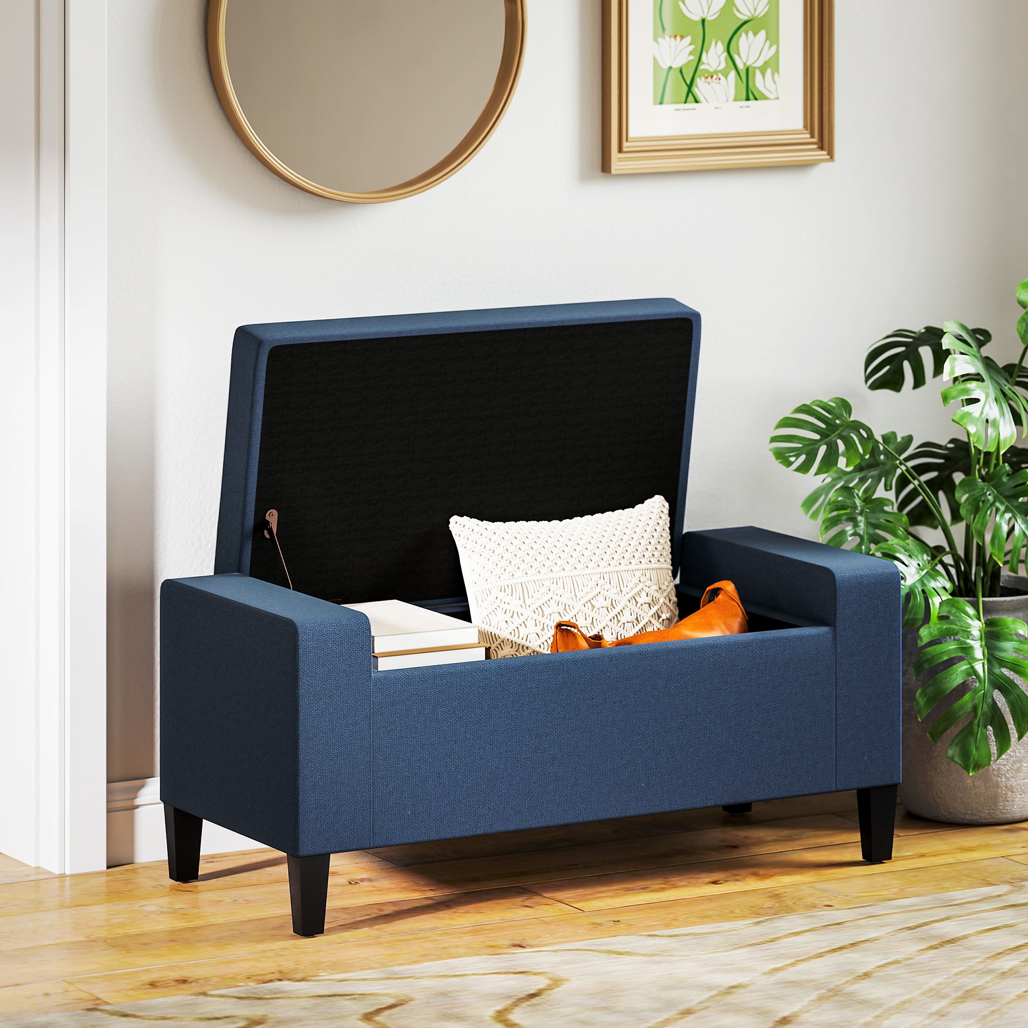 Storage Ottoman Bench, Linen Upholstered Bench with Tufted Design, Dark Blue