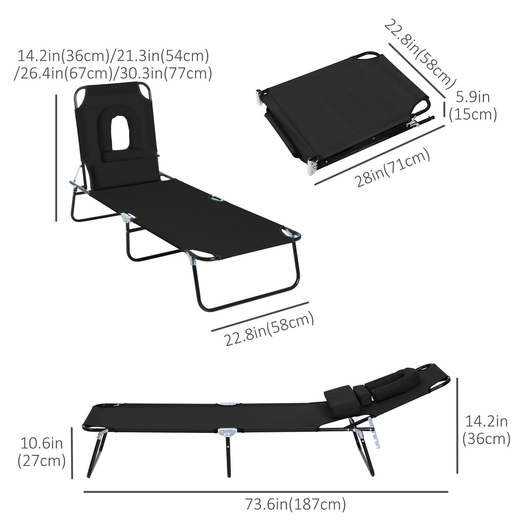 Adjustable Outdoor Lounge Chair, Garden Folding Chaise Lounge with Face Hole Reclining Tanning Chair Seat, Folding Camping Beach Lounging Bed w/ Support Pillow, Black