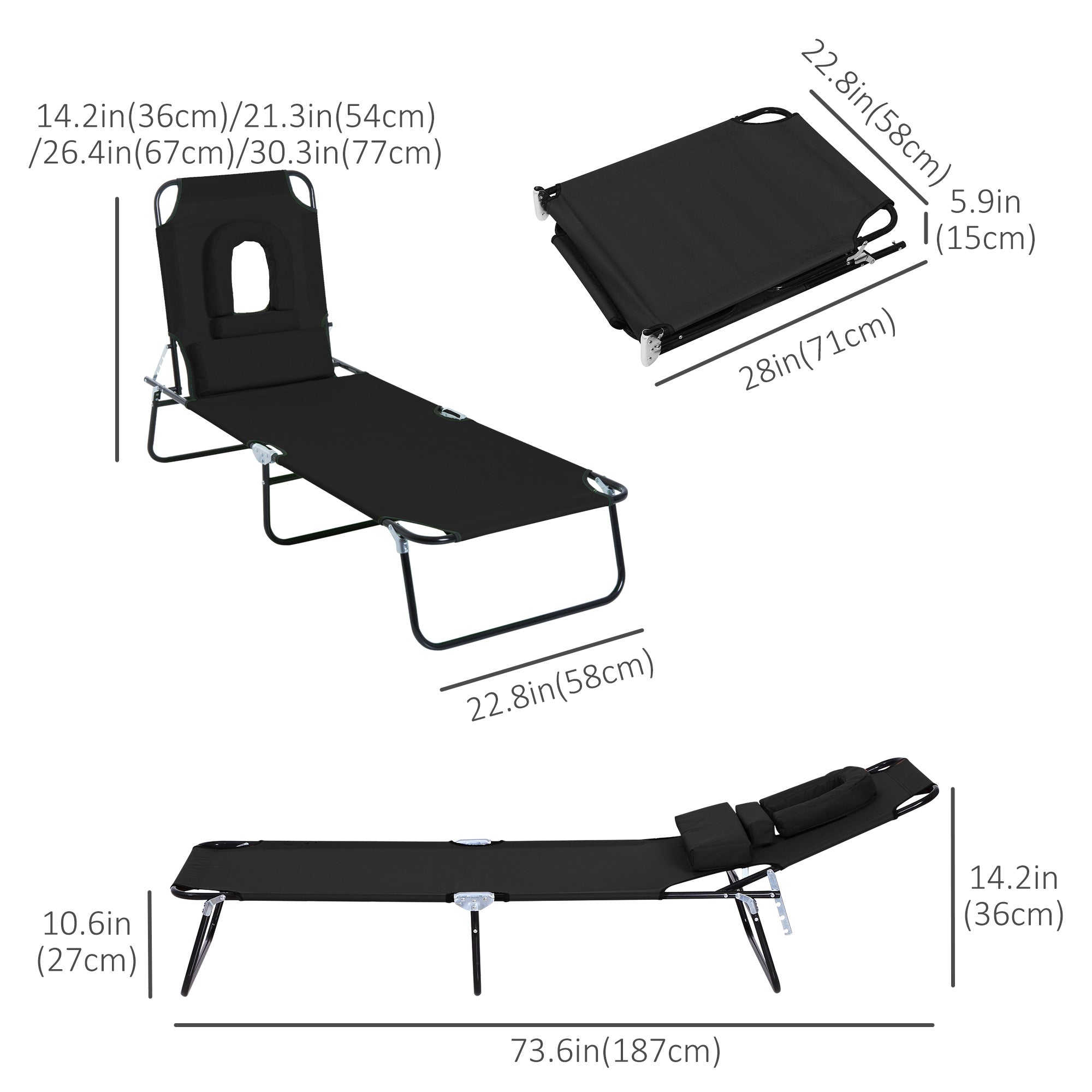 Adjustable Outdoor Lounge Chair, Garden Folding Chaise Lounge with Face Hole Reclining Tanning Chair Seat, Folding Camping Beach Lounging Bed w/ Support Pillow, Black