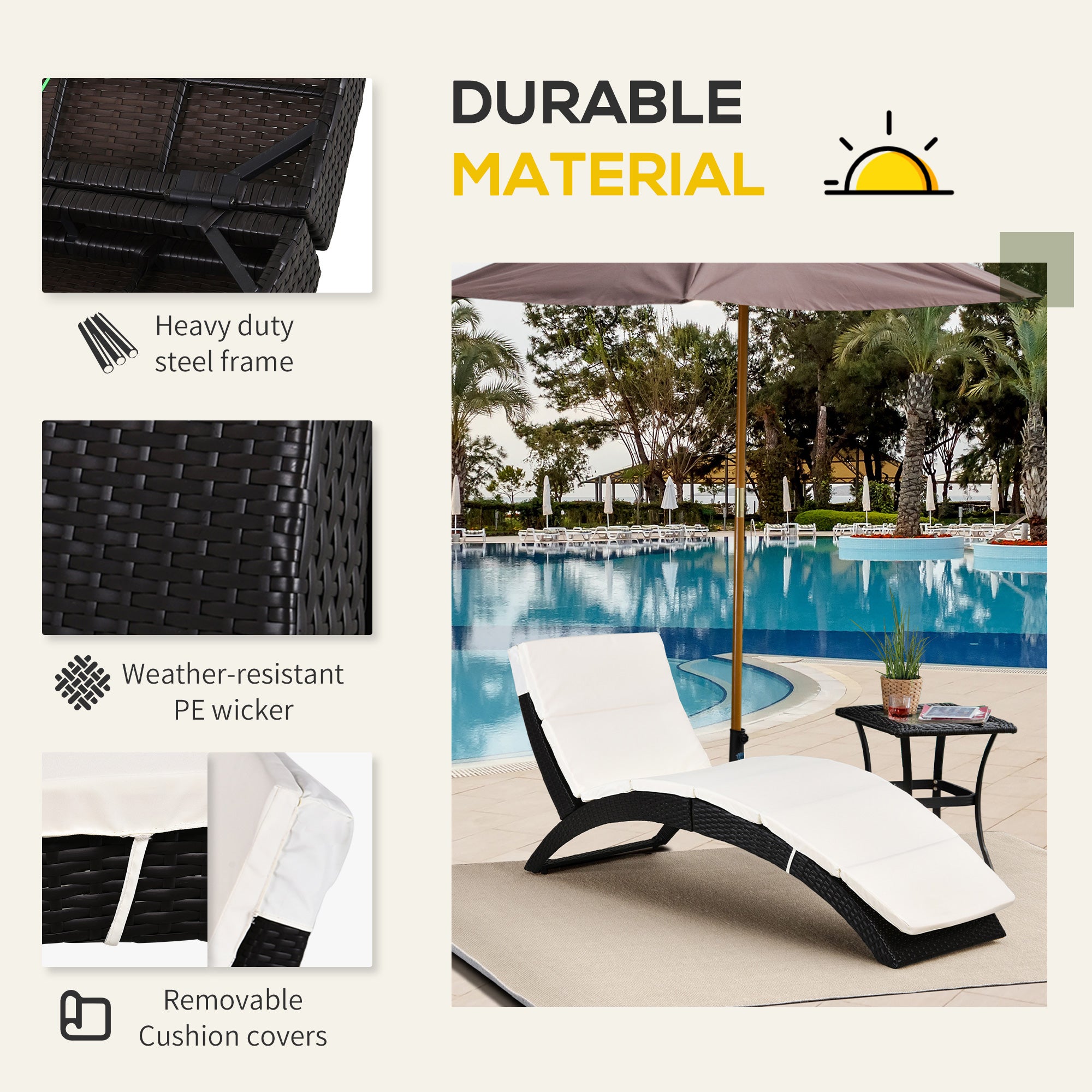 Patio Rattan Chaise Lounger Wicker Foldable Reclining Backrest PE Rattan Outdoor Lounge Chair, Recliner with Cushion for Garden, Backyard, Lawn,Balcony, Beige