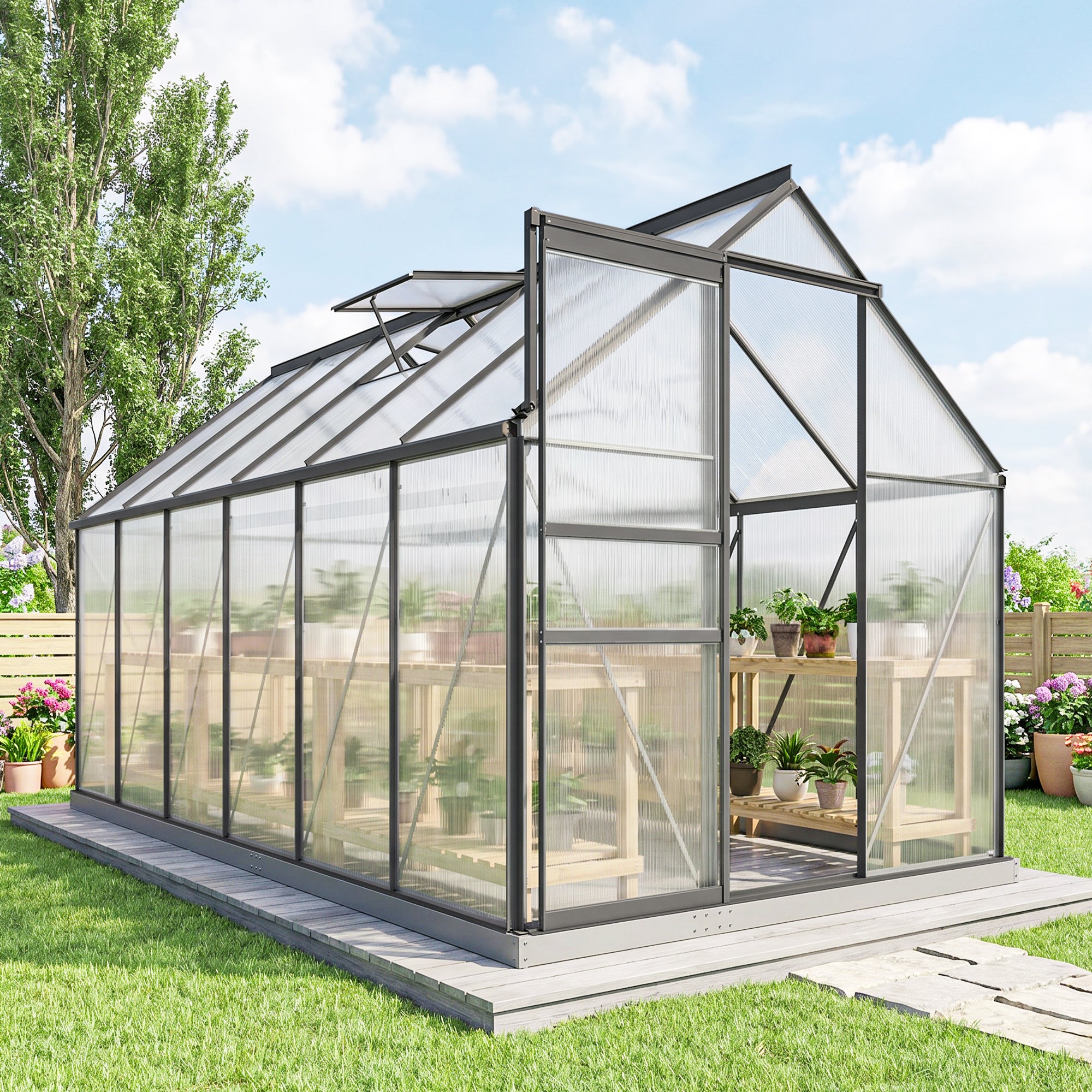 6' x 12' x 6.5' Polycarbonate Greenhouse, Walk-in Green House with Aluminum Frame Adjustable Roof Vent Galvanized Base Sliding Door Rain Gutter for Outdoor Garden, Grey
