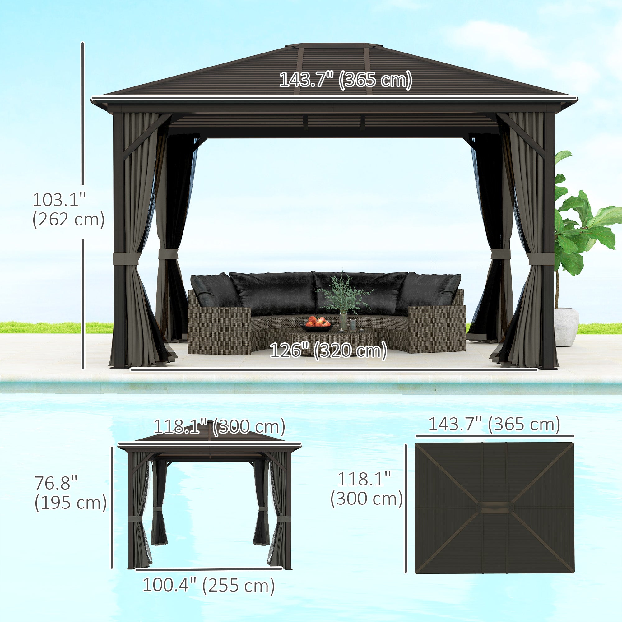 10' x 12' Deluxe Hardtop Gazebo with Metal Roof, Aluminum Frame Patio Gazebo Garden Sun Shelter Outdoor Pavilion with Curtains and Netting, Grey
