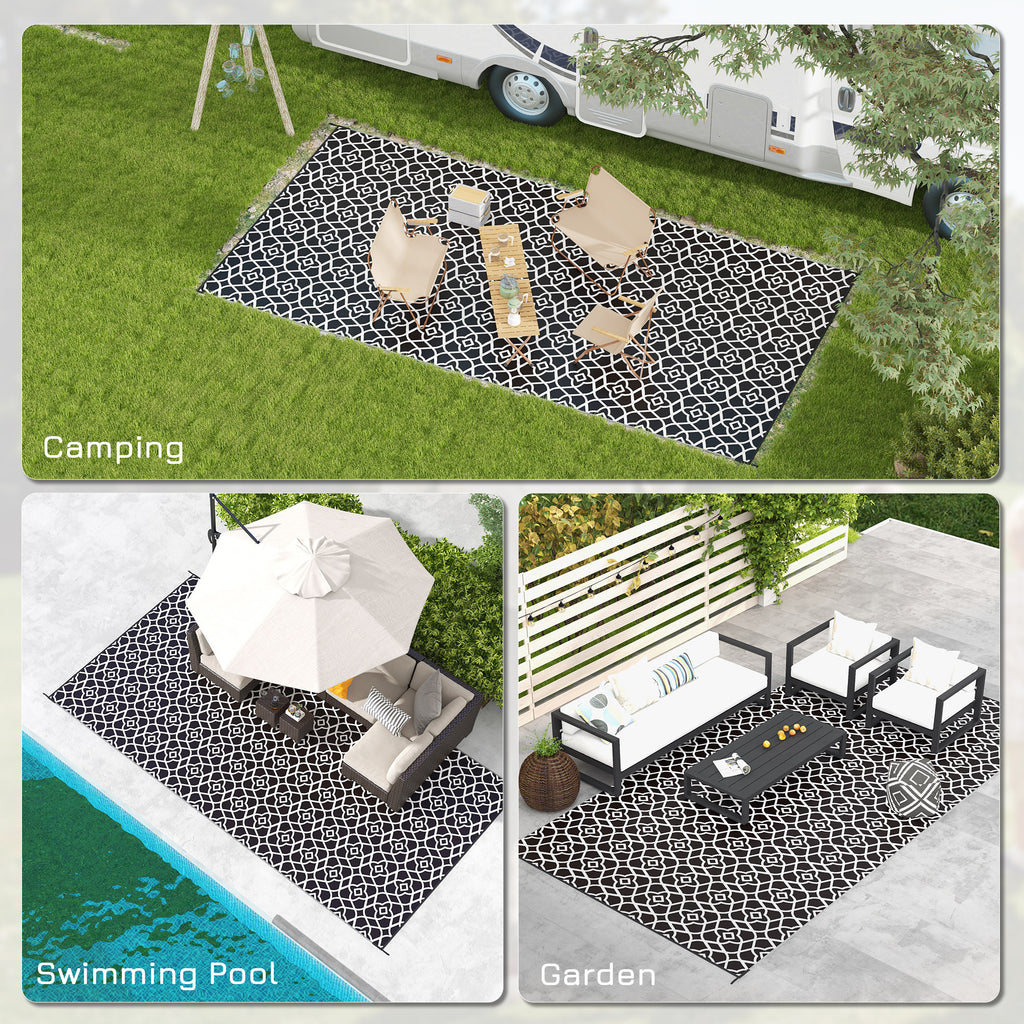 Reversible Outdoor Rug, Waterproof Plastic Straw RV Rug with Carry Bag, 9' x 18', Black and White Clover