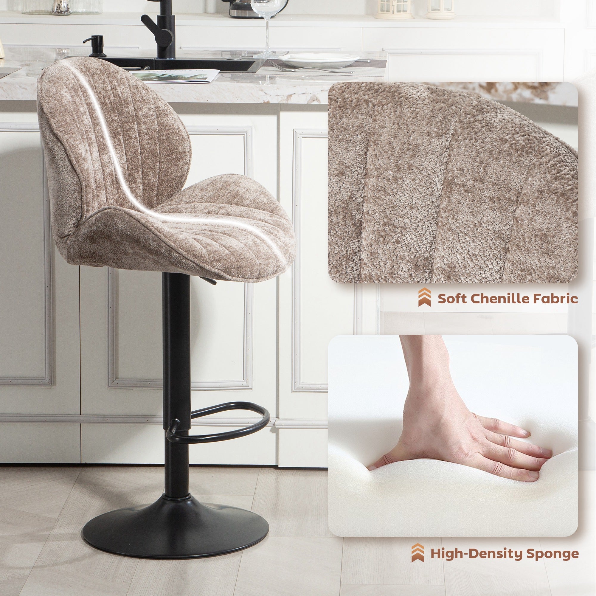 Bar Stools Set of 2, Swivel Barstools with Back, Adjustable Height and Footrest for Kitchen Island, Dining Room, Brown