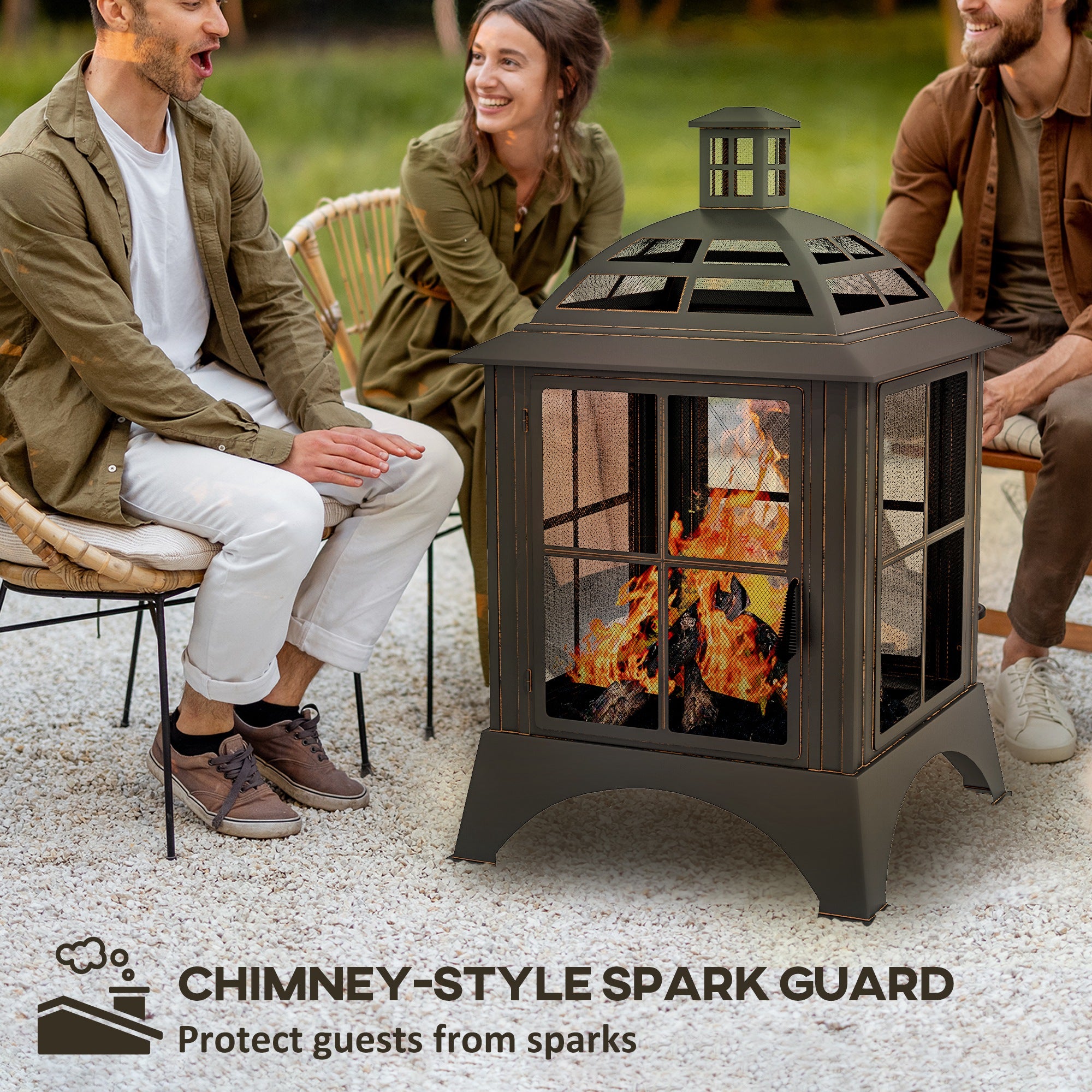 Wood-Burning Fire Pit, Chimney Style Firepit with Poker, 28" x 28", Black