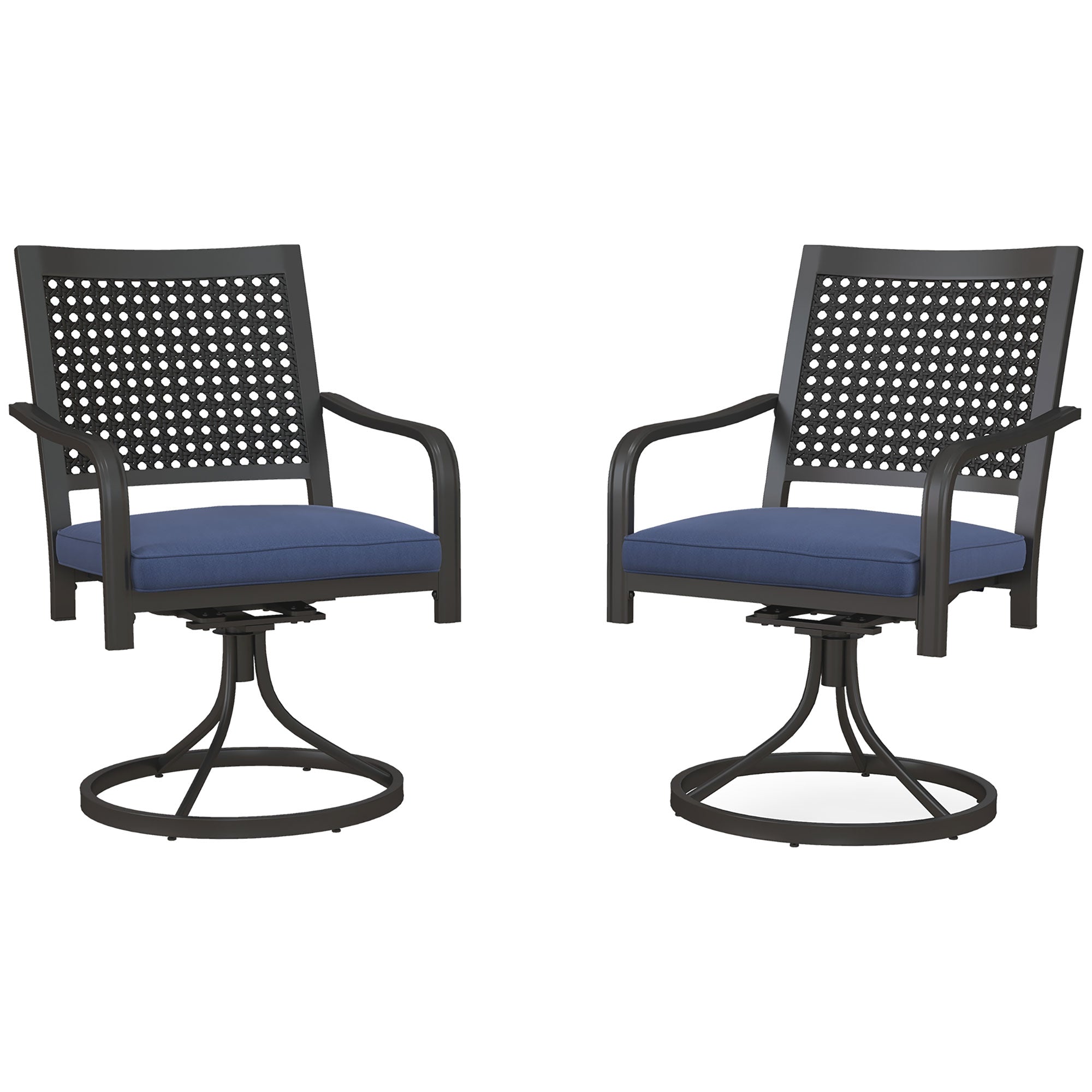 2 Pieces Patio Swivel Chairs with Cushion, Outdoor Swivel Rocker with Curved Armrests, Backrest for Garden, Balcony, Porch, Navy Blue