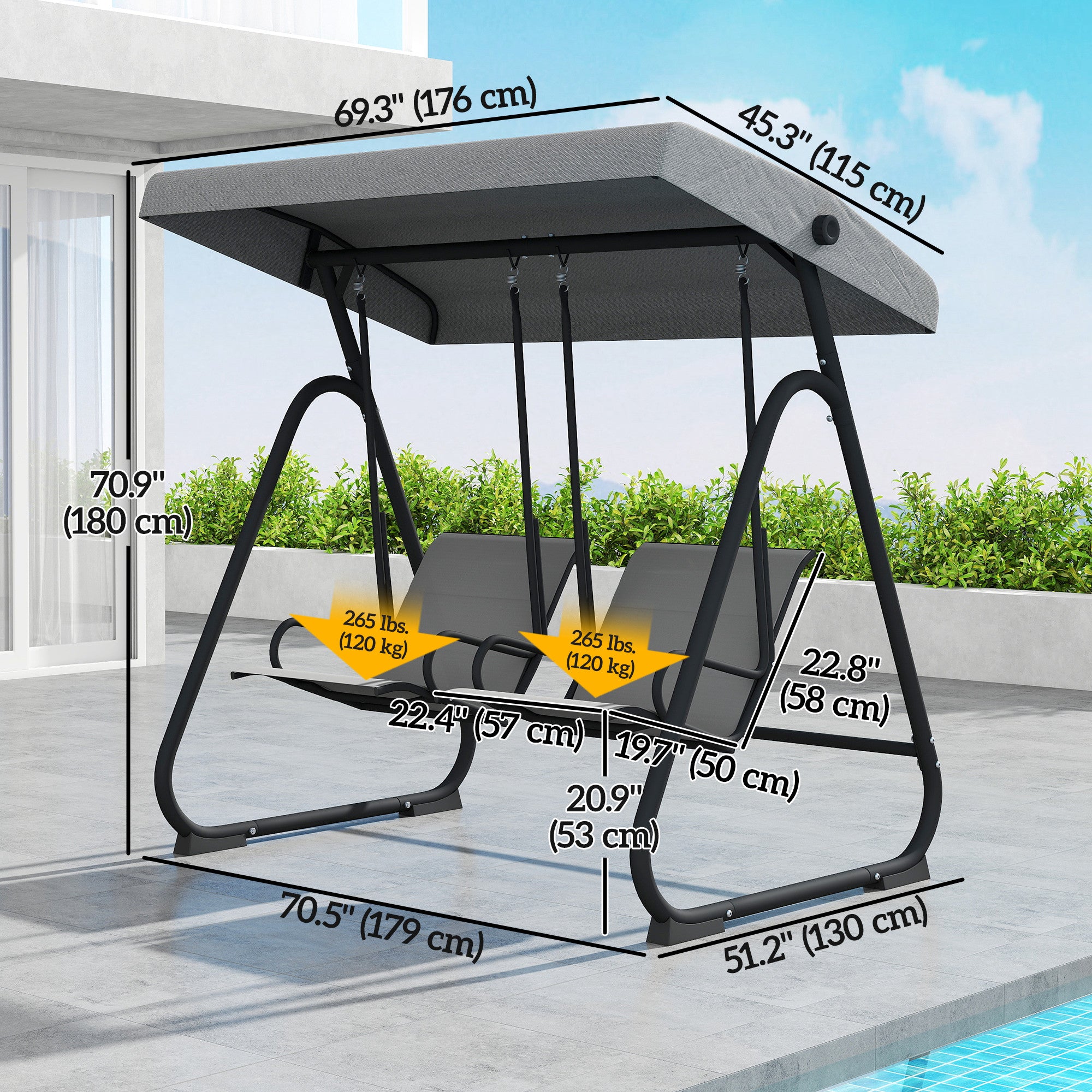 Patio Swing Chair w/Adjustable Canopy Outdoor Porch Swing w/Dual Independent Seats 2-Seat Grey