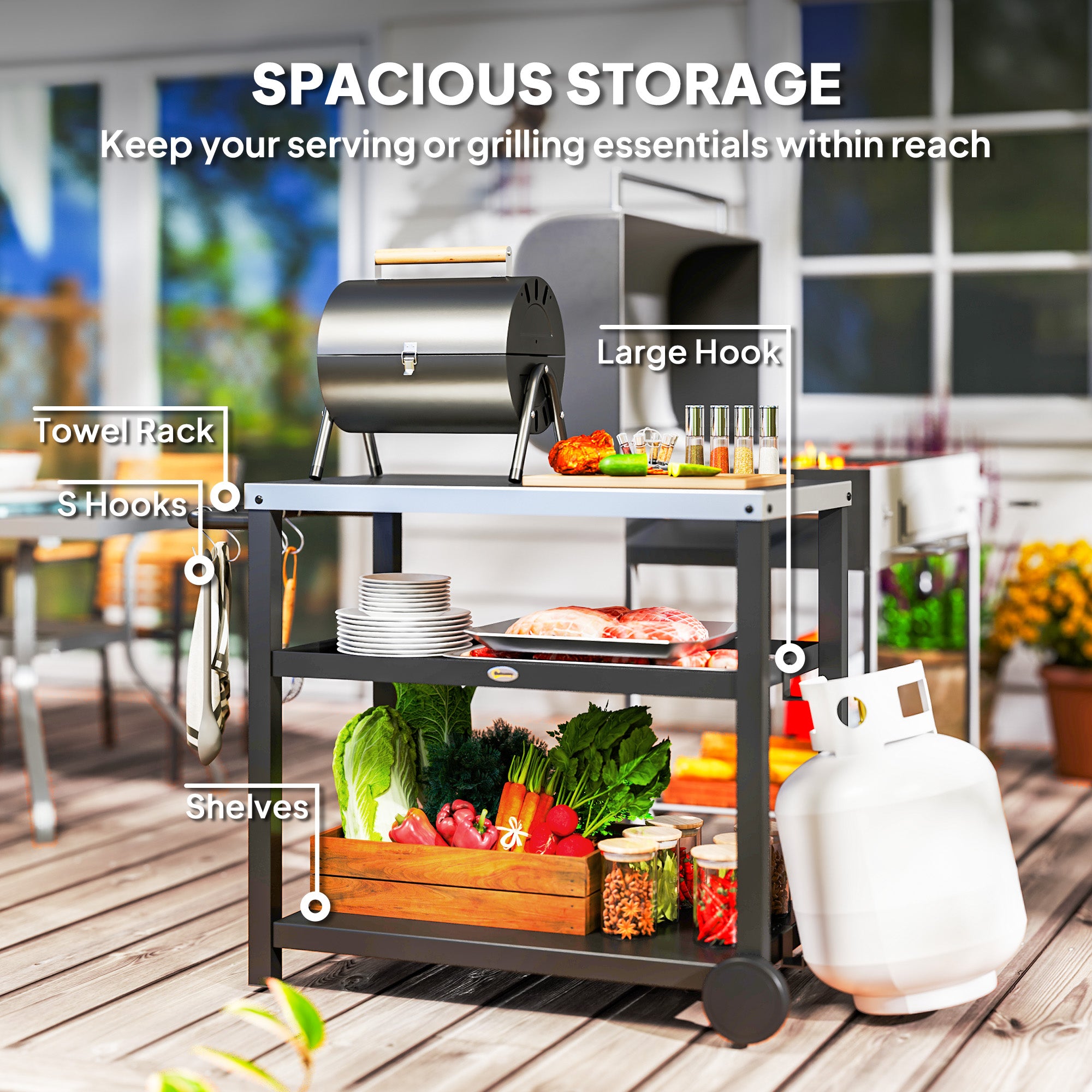 3-Shelf Outdoor Grill Dining Cart Pizza Oven Stand with Stainless Steel Top, Movable BBQ Food Prep Table Outdoor Kitchen Island with Hooks Wheels Handle, Charcoal Grey