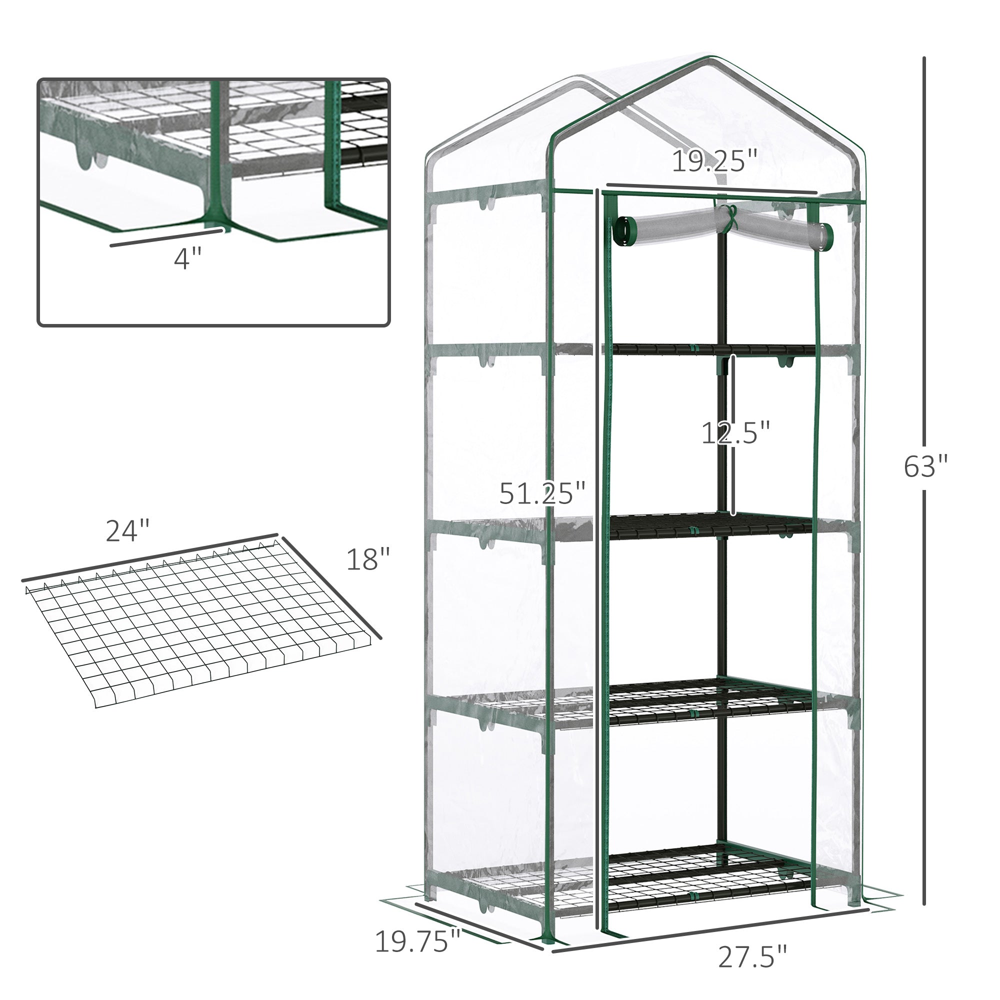 Portable Greenhouse with 4 Tier Shelves Outdoor Hot House, Steel Frame, PVC Cover, 28" x 20" x 63", Transparent