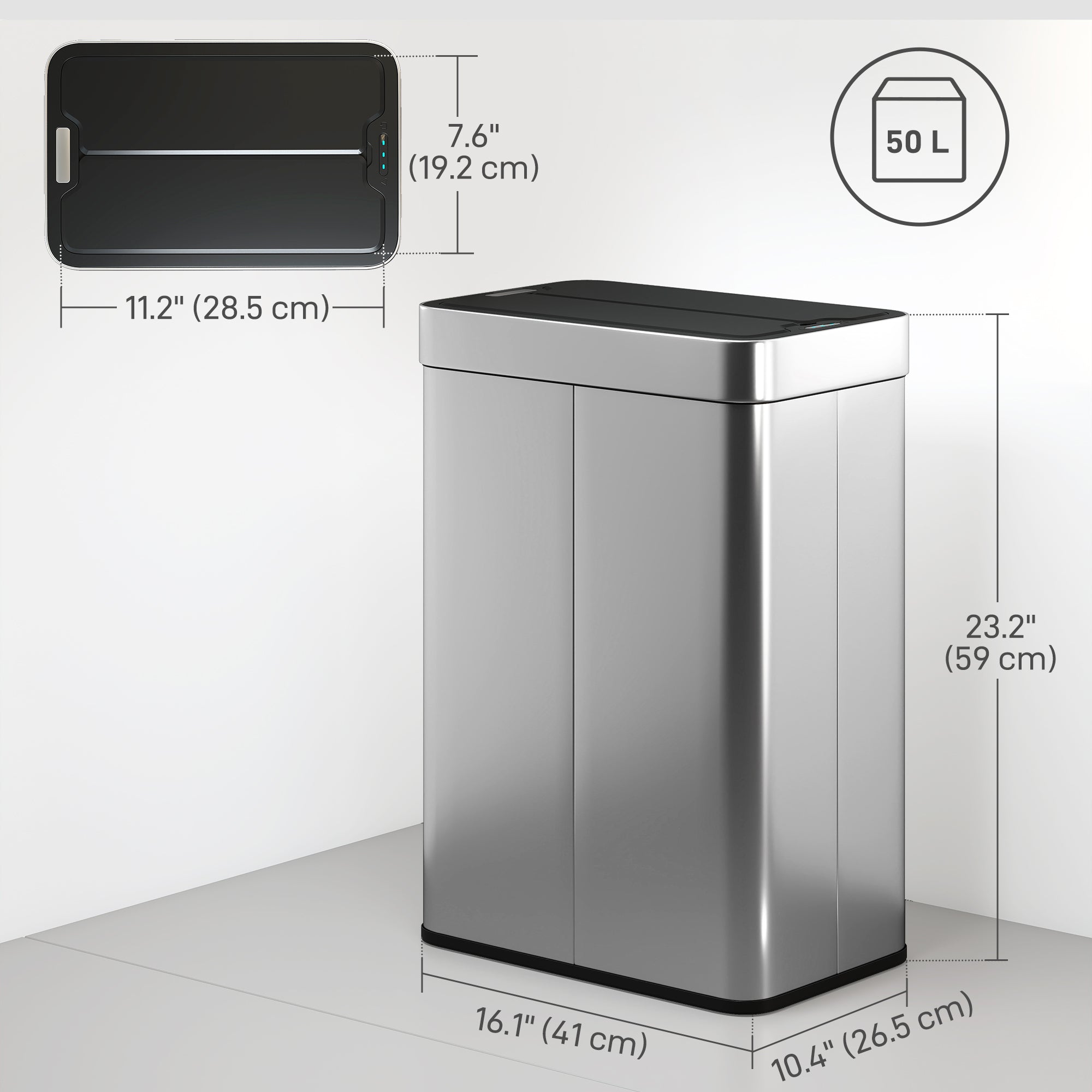 14.5 Gal (55 L) Sensor Can, Garbage Can with Soft-Close Butterfly Lid, Fingerprint-Proof Stainless Steel, Silver